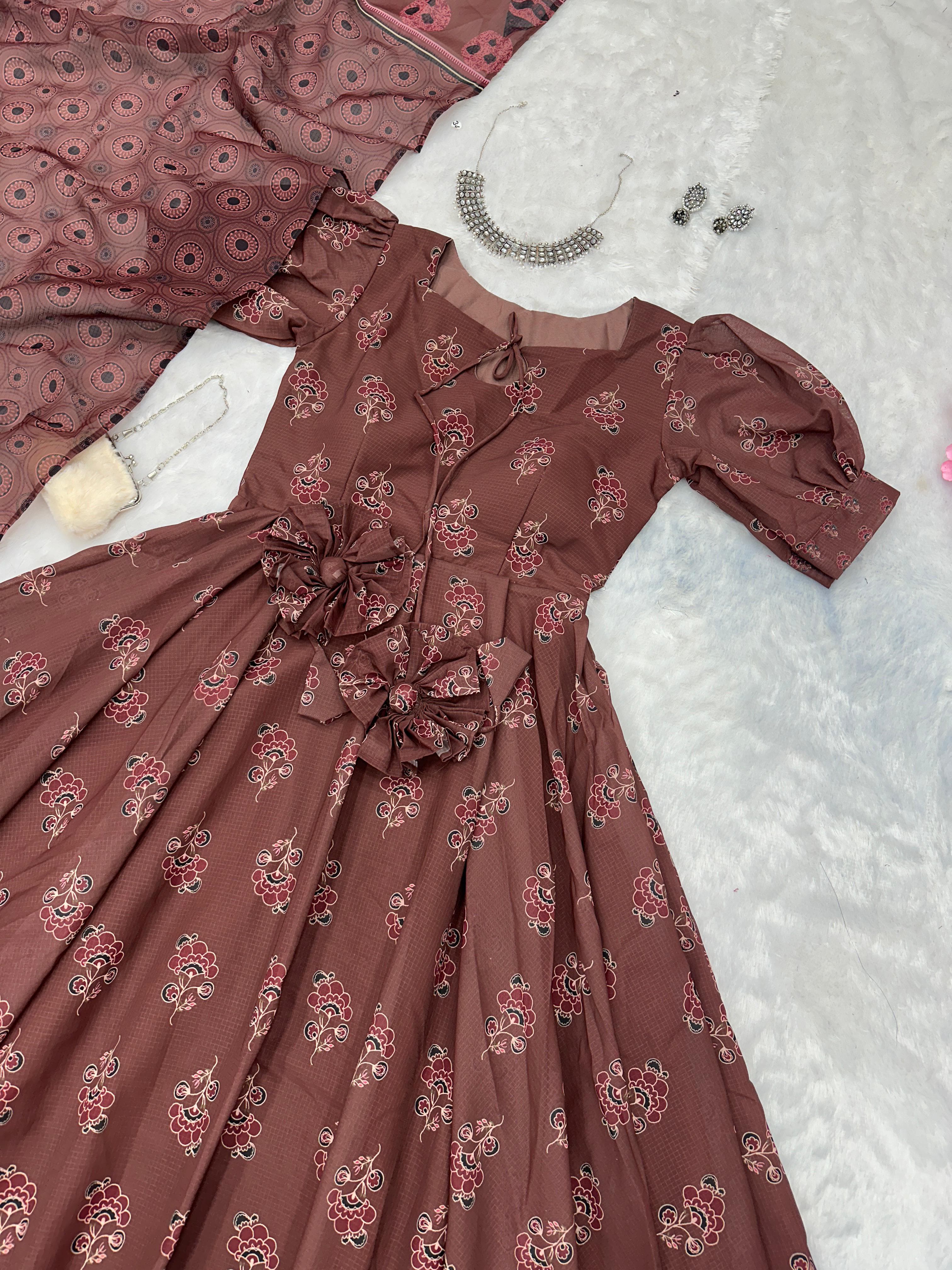 Pretty Brown Color Pure Soft Cotton Printed Anarkali Huge 8 Meter Flair Anarkali Gown