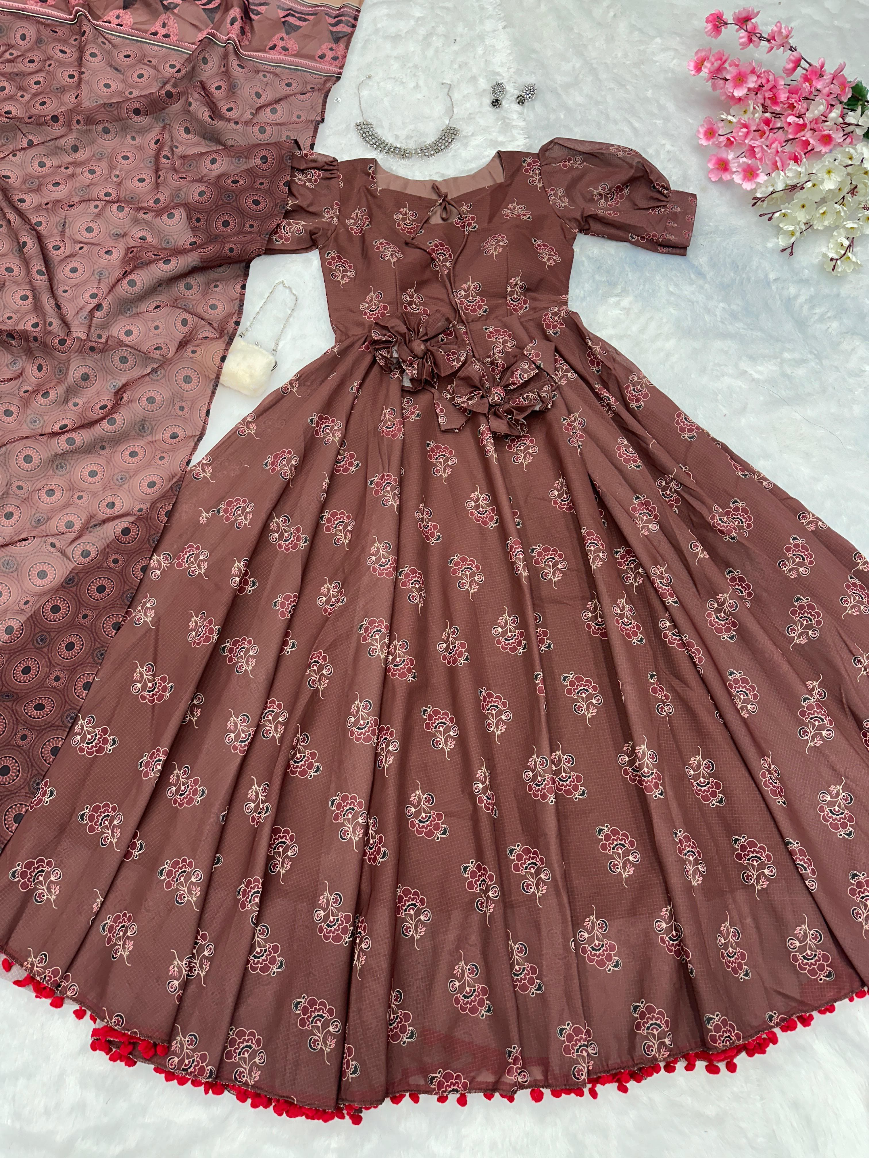 Pretty Brown Color Pure Soft Cotton Printed Anarkali Huge 8 Meter Flair Anarkali Gown