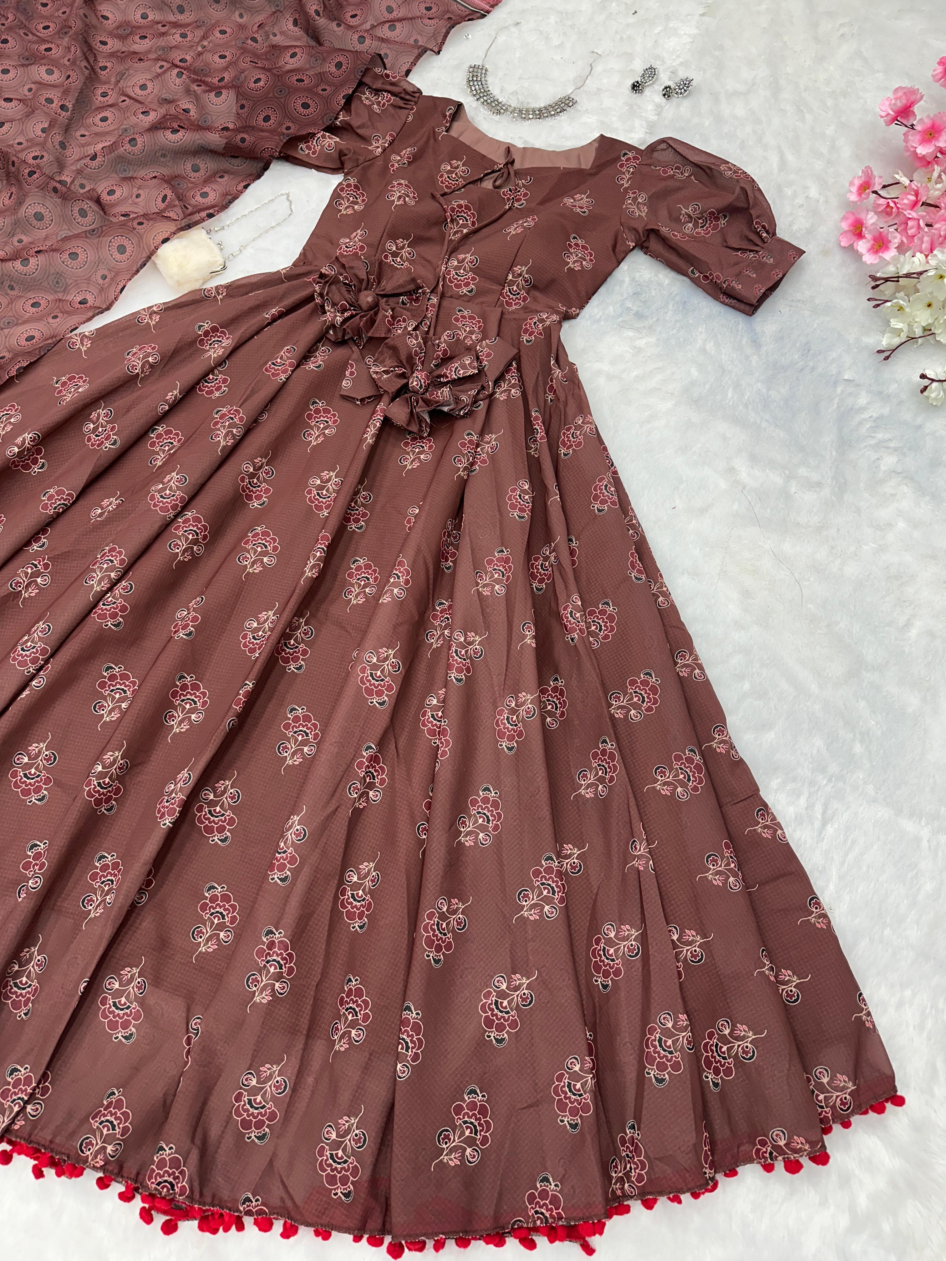 Pretty Brown Color Pure Soft Cotton Printed Anarkali Huge 8 Meter Flair Anarkali Gown