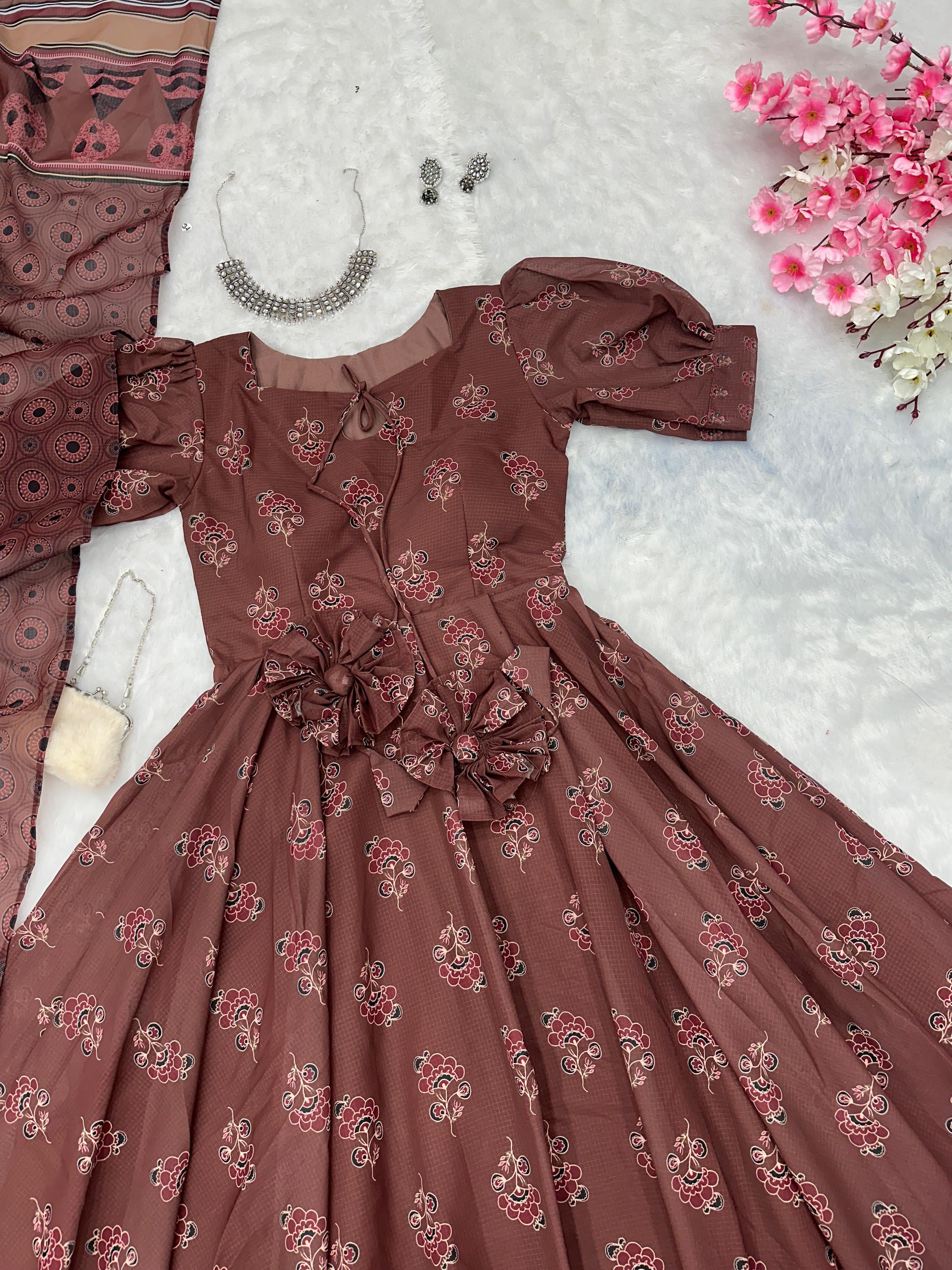 Pretty Brown Color Pure Soft Cotton Printed Anarkali Huge 8 Meter Flair Anarkali Gown