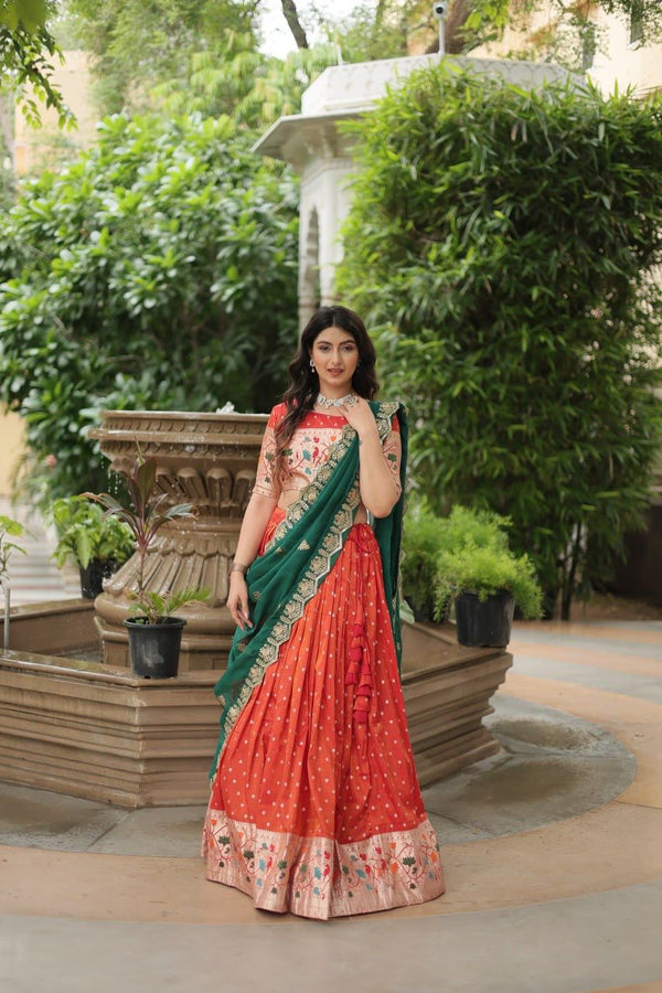 Ceremony Wear Orange Color Cosmos Jacquard Lehenga Choli With Russian Silk Embroidered Dupatta