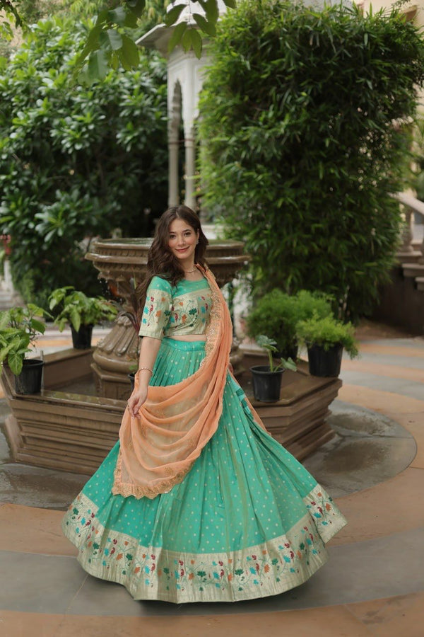 Ceremony Wear Pista Color Cosmos Jacquard Lehenga Choli With Russian Silk Embroidered Dupatta