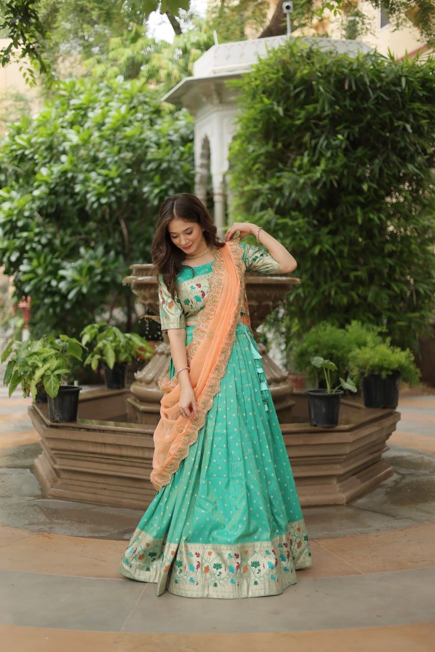 Ceremony Wear Pista Color Cosmos Jacquard Lehenga Choli With Russian Silk Embroidered Dupatta