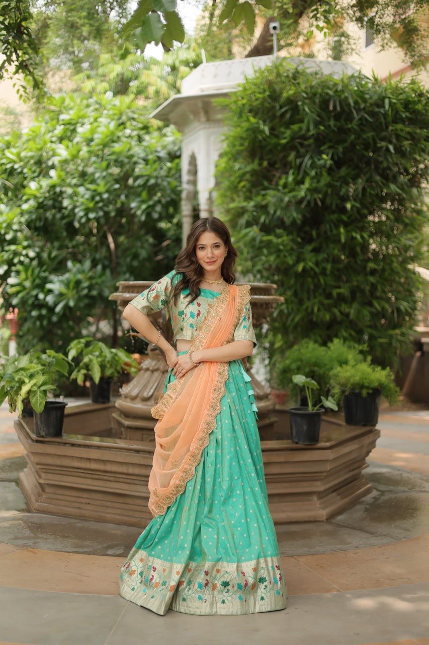 Ceremony Wear Pista Color Cosmos Jacquard Lehenga Choli With Russian Silk Embroidered Dupatta