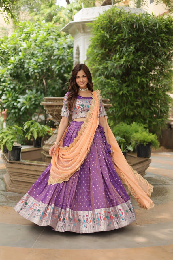 Ceremony Wear Lavender Color Cosmos Jacquard Lehenga Choli With Russian Silk Embroidered Dupatta