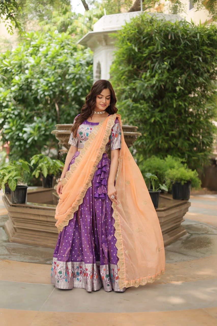 Ceremony Wear Lavender Color Cosmos Jacquard Lehenga Choli With Russian Silk Embroidered Dupatta