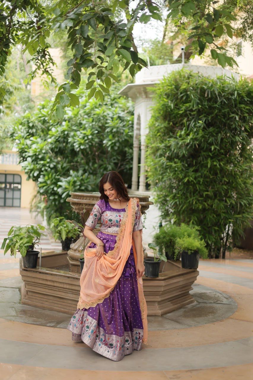 Ceremony Wear Lavender Color Cosmos Jacquard Lehenga Choli With Russian Silk Embroidered Dupatta