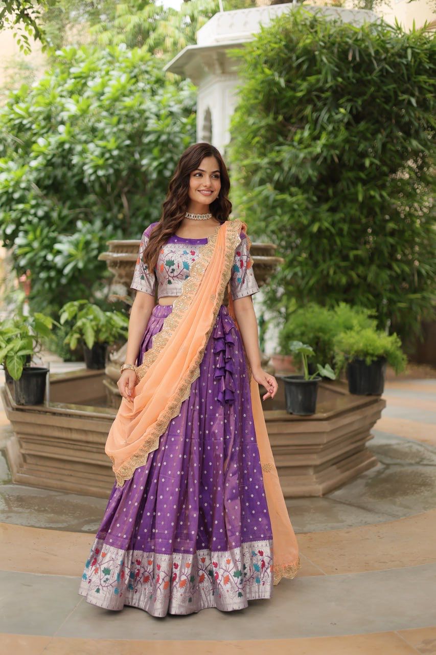 Ceremony Wear Lavender Color Cosmos Jacquard Lehenga Choli With Russian Silk Embroidered Dupatta