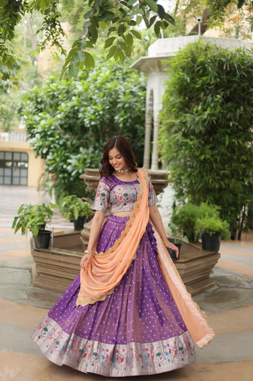 Ceremony Wear Lavender Color Cosmos Jacquard Lehenga Choli With Russian Silk Embroidered Dupatta