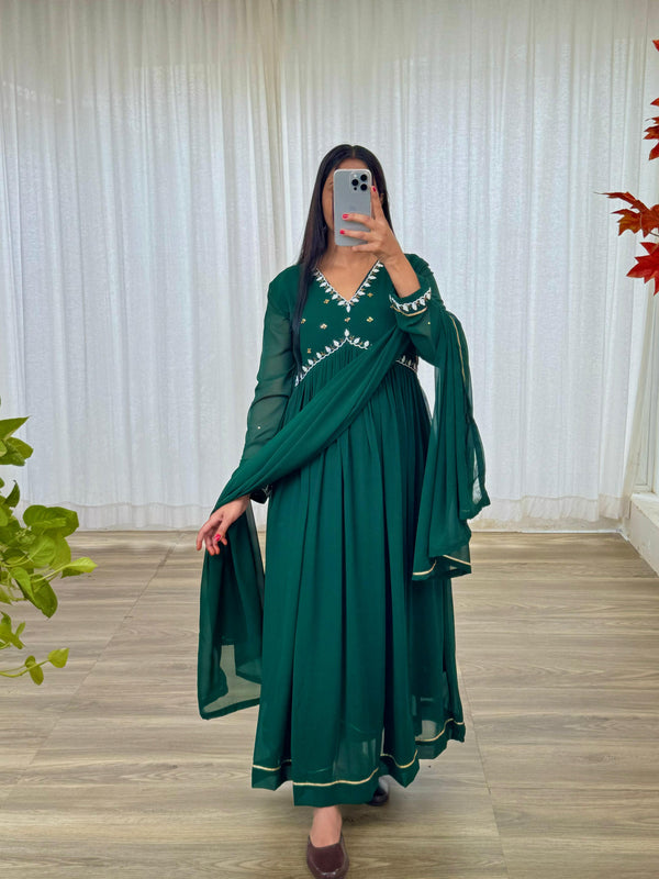 New Party Wear Look Faux Georgette Green Color Gown With Dupatta