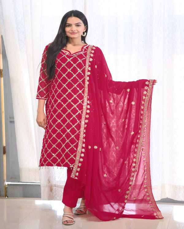 Trendy Red Color Faux Georgette And Sequence Embroidery With Rivet Moti Work Beautiful Salwar Suit