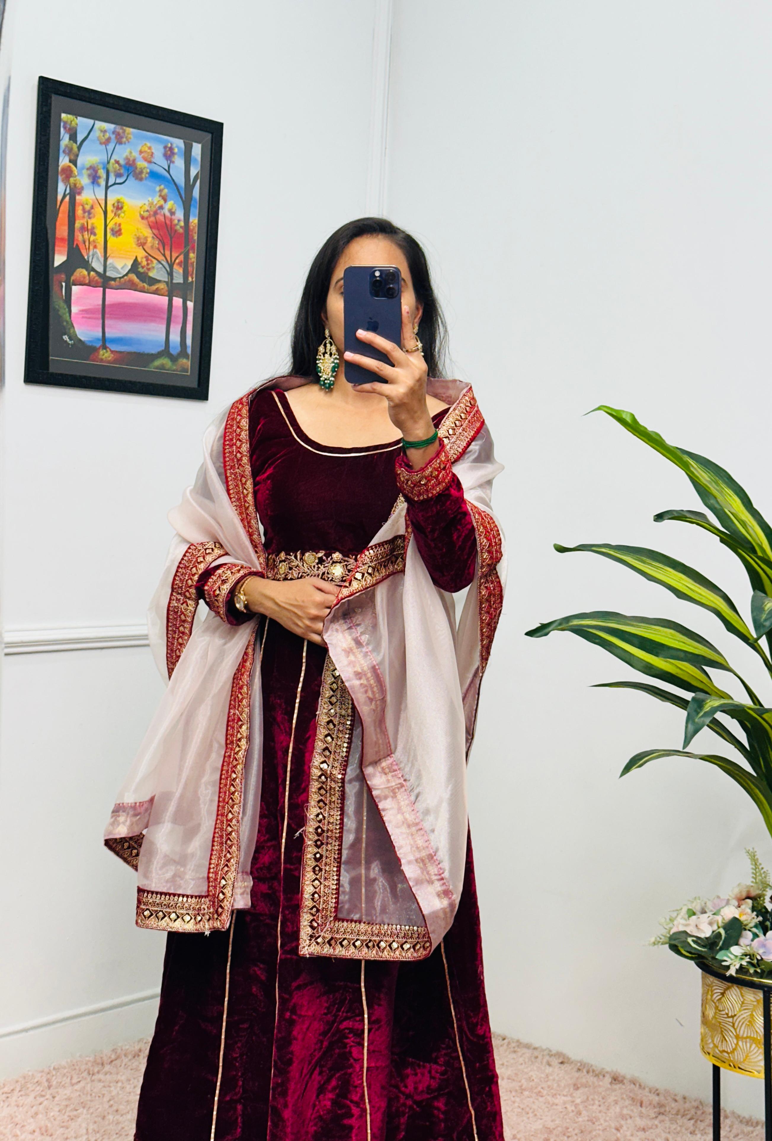Embellished Maroon Color 9000 Velvet With Embroidery Lace Work Designer Gown