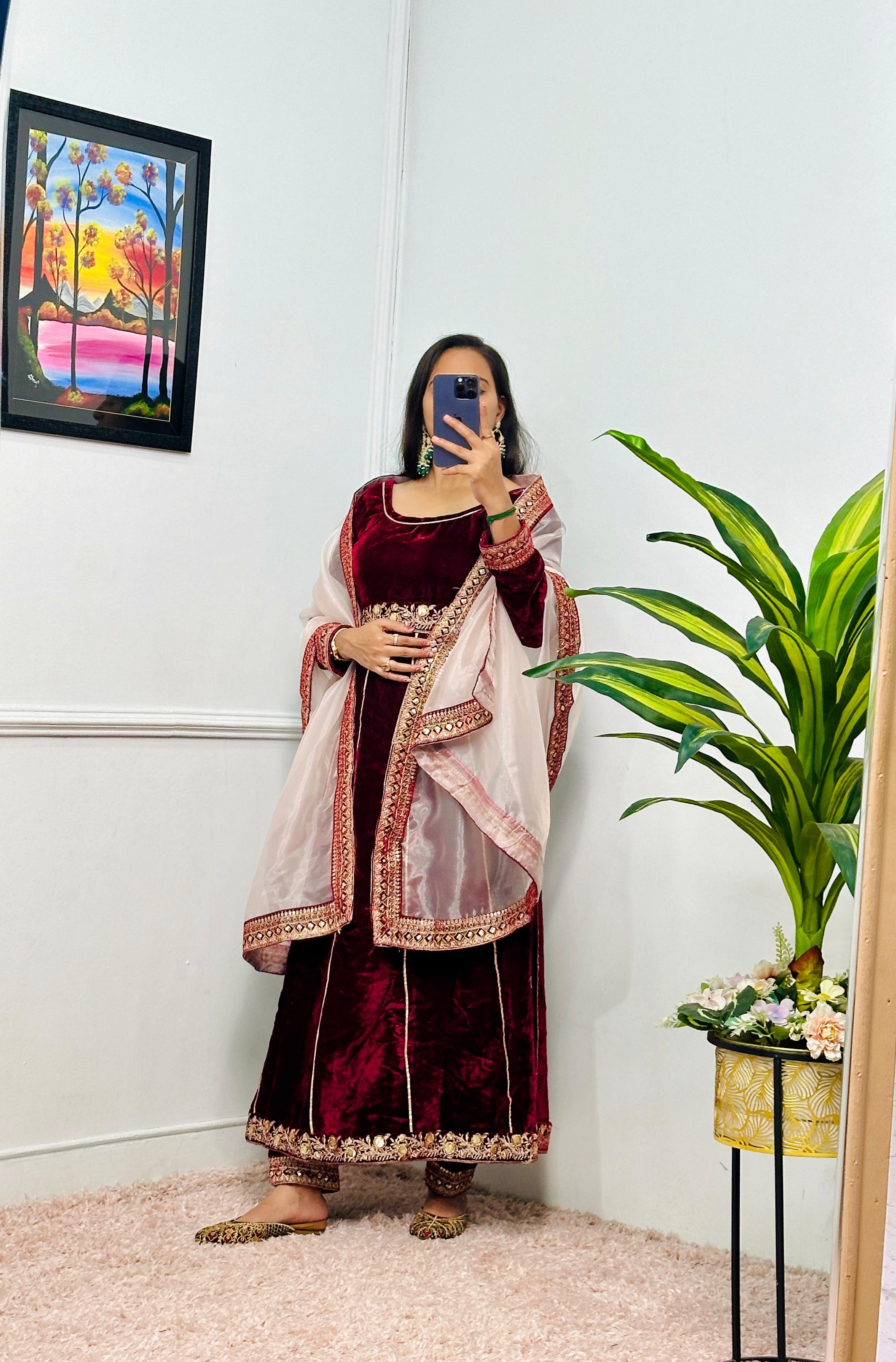 Embellished Maroon Color 9000 Velvet With Embroidery Lace Work Designer Gown