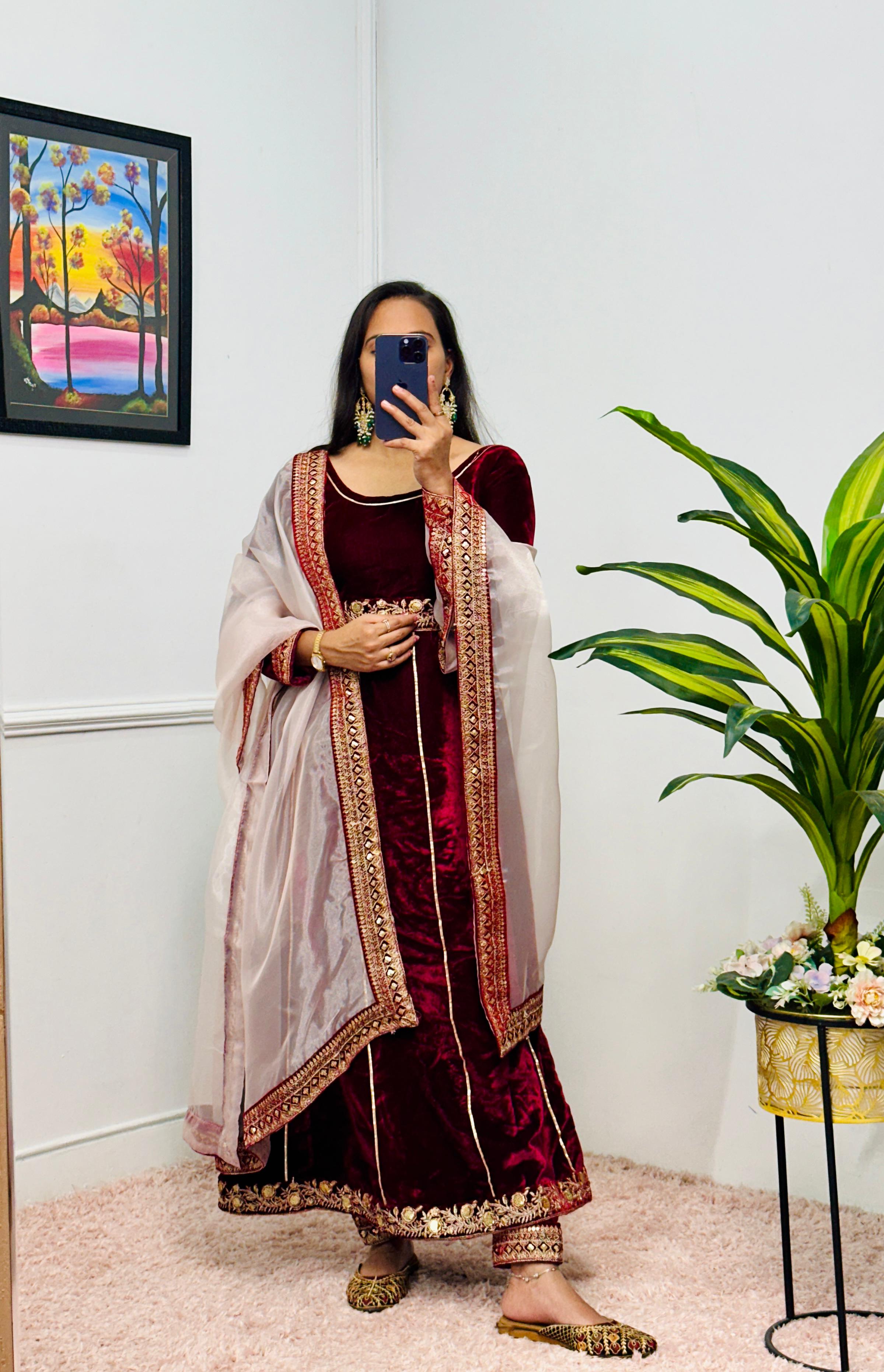 Embellished Maroon Color 9000 Velvet With Embroidery Lace Work Designer Gown