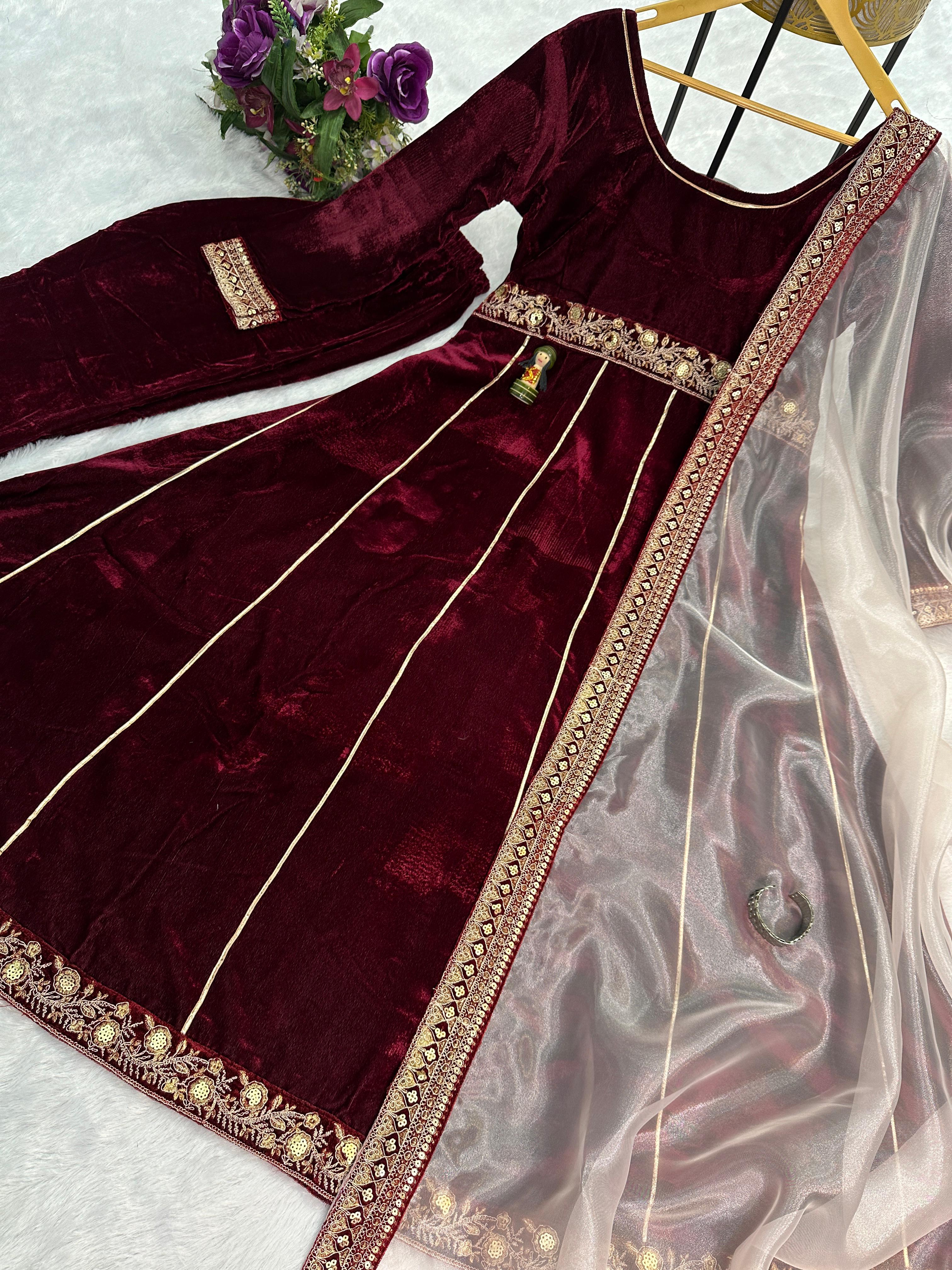 Embellished Maroon Color 9000 Velvet With Embroidery Lace Work Designer Gown