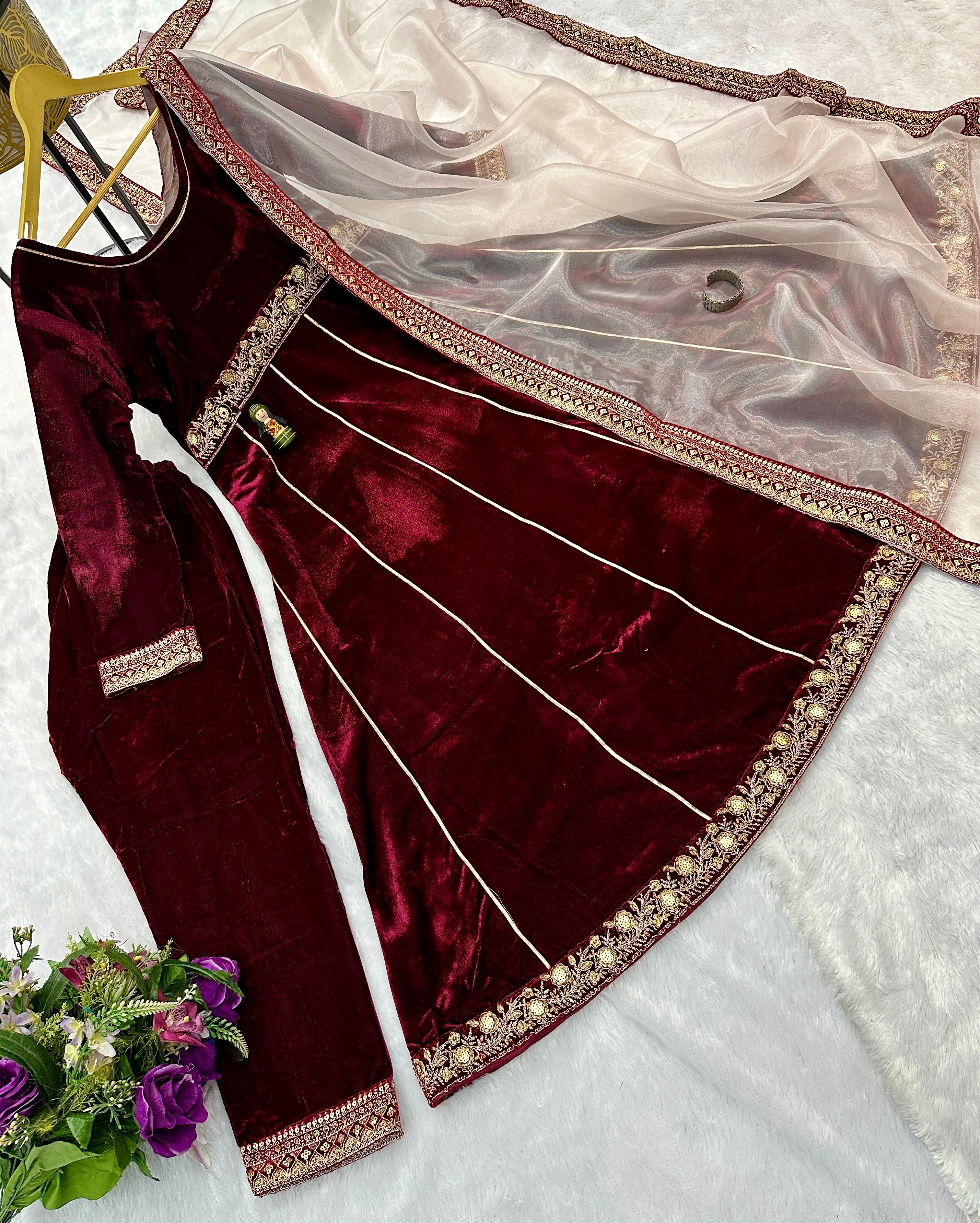 Embellished Maroon Color 9000 Velvet With Embroidery Lace Work Designer Gown