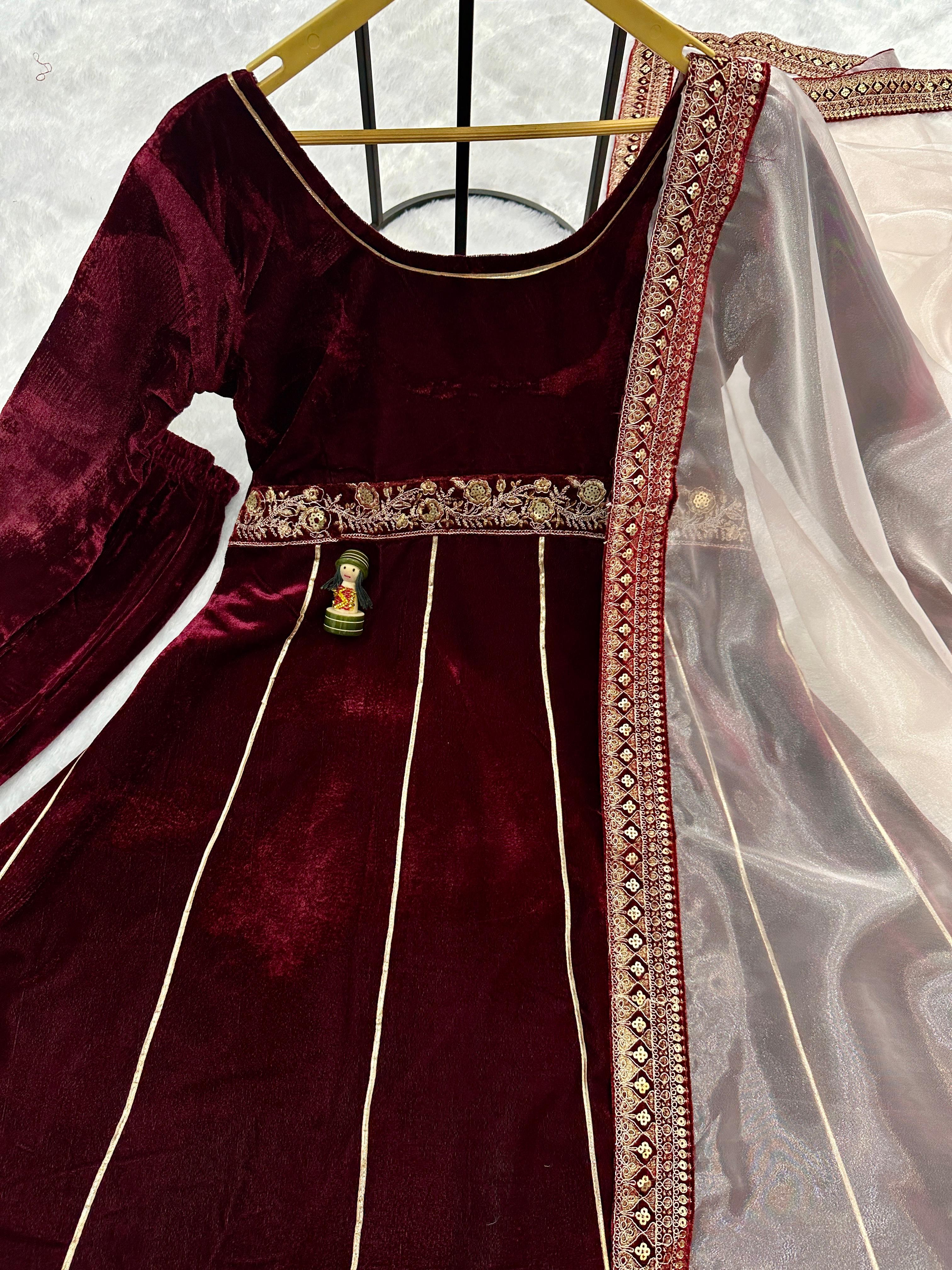 Embellished Maroon Color 9000 Velvet With Embroidery Lace Work Designer Gown