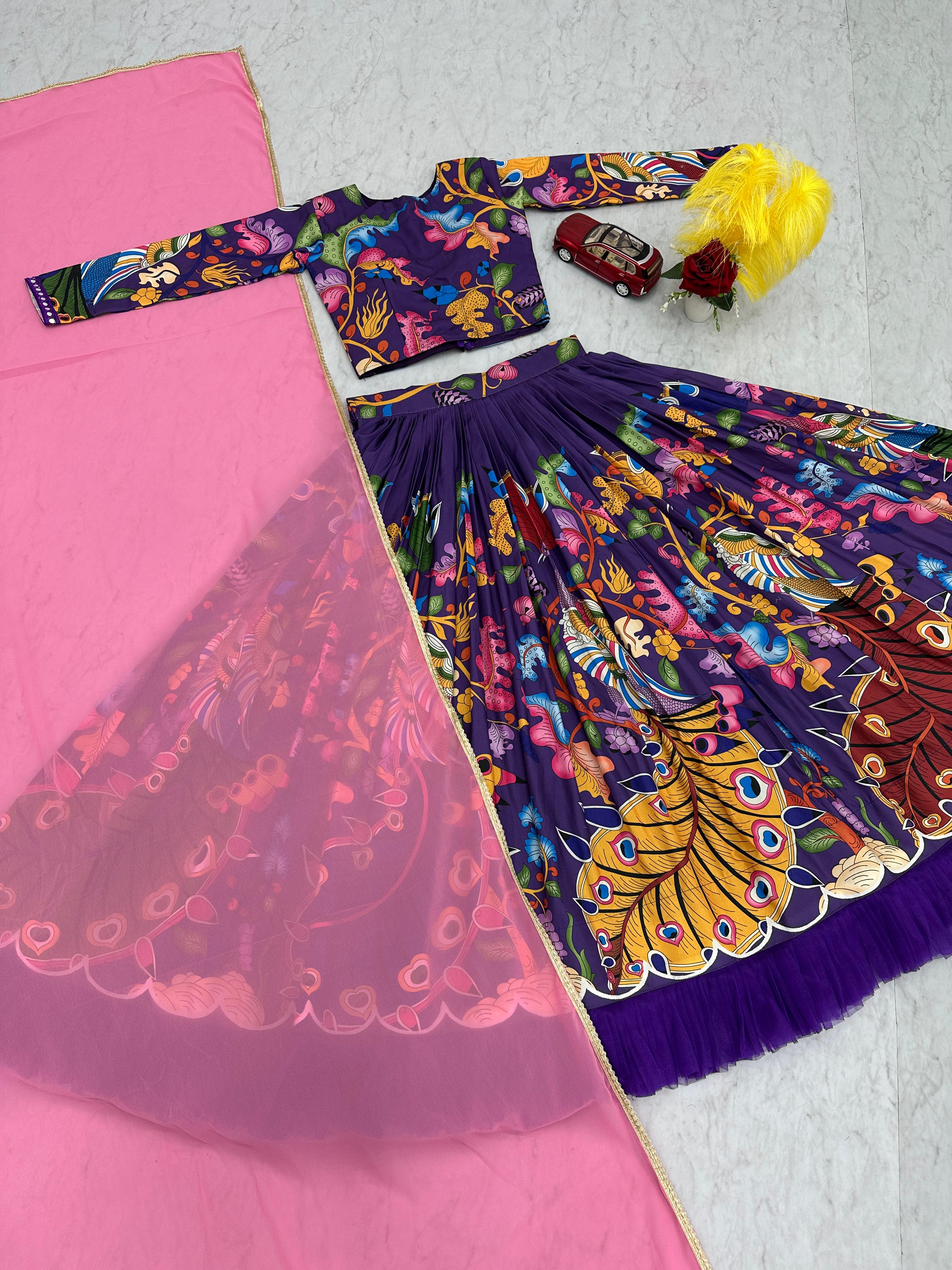 Exclusive Royal Blue Color Cotton Kalamkari Printed Designer Lehenga Choli