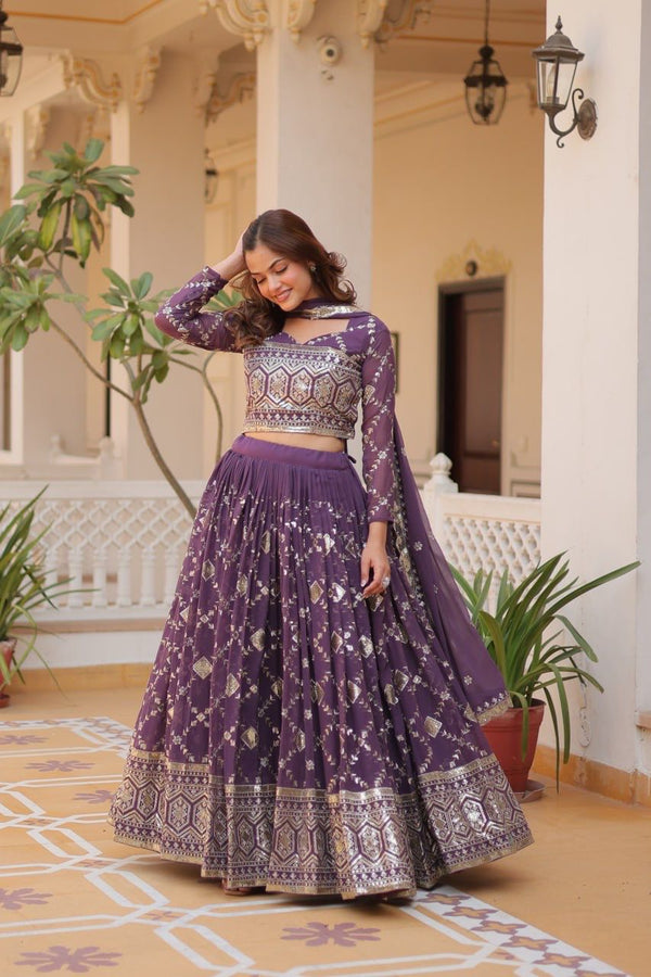 Wedding Wear Lavender Color Heavy Faux Georgette With Embroidery Sequence Work Designer Lehenga Choli