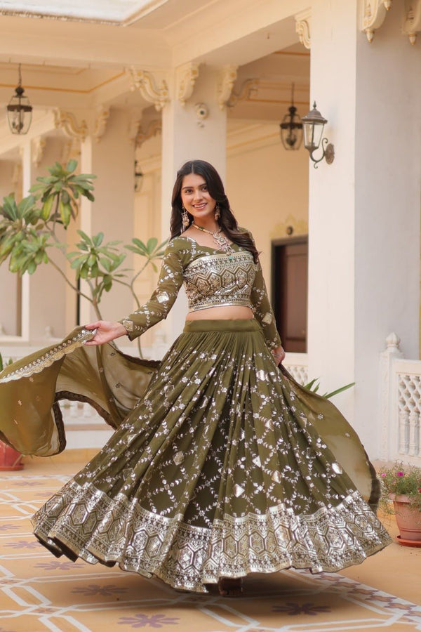 Wedding Wear Green Color Heavy Faux Georgette With Embroidery Sequence Work Designer Lehenga Choli