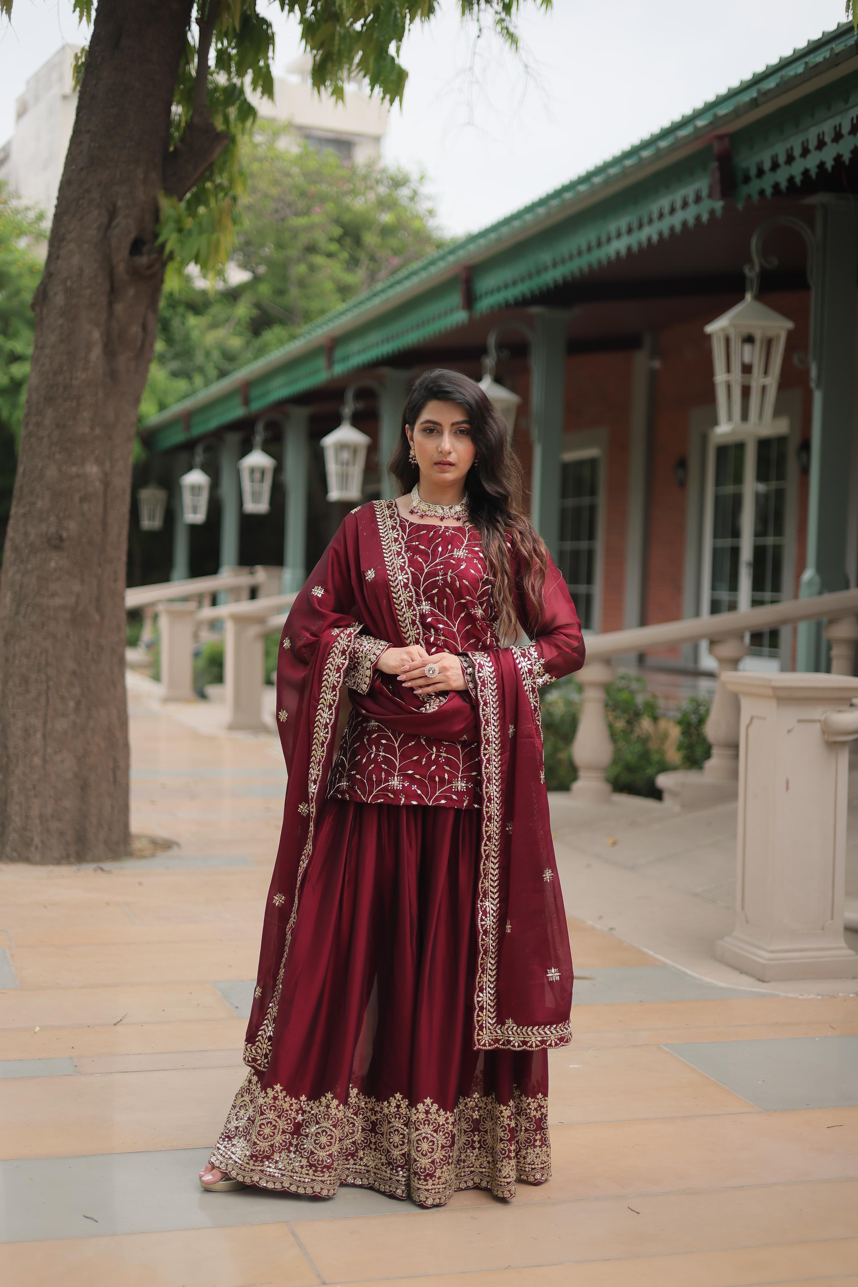 Beautiful Maroon Color Rangoli Silk With Heavy Sequins And Thread Embroidered Work Designer Palazzo Suit