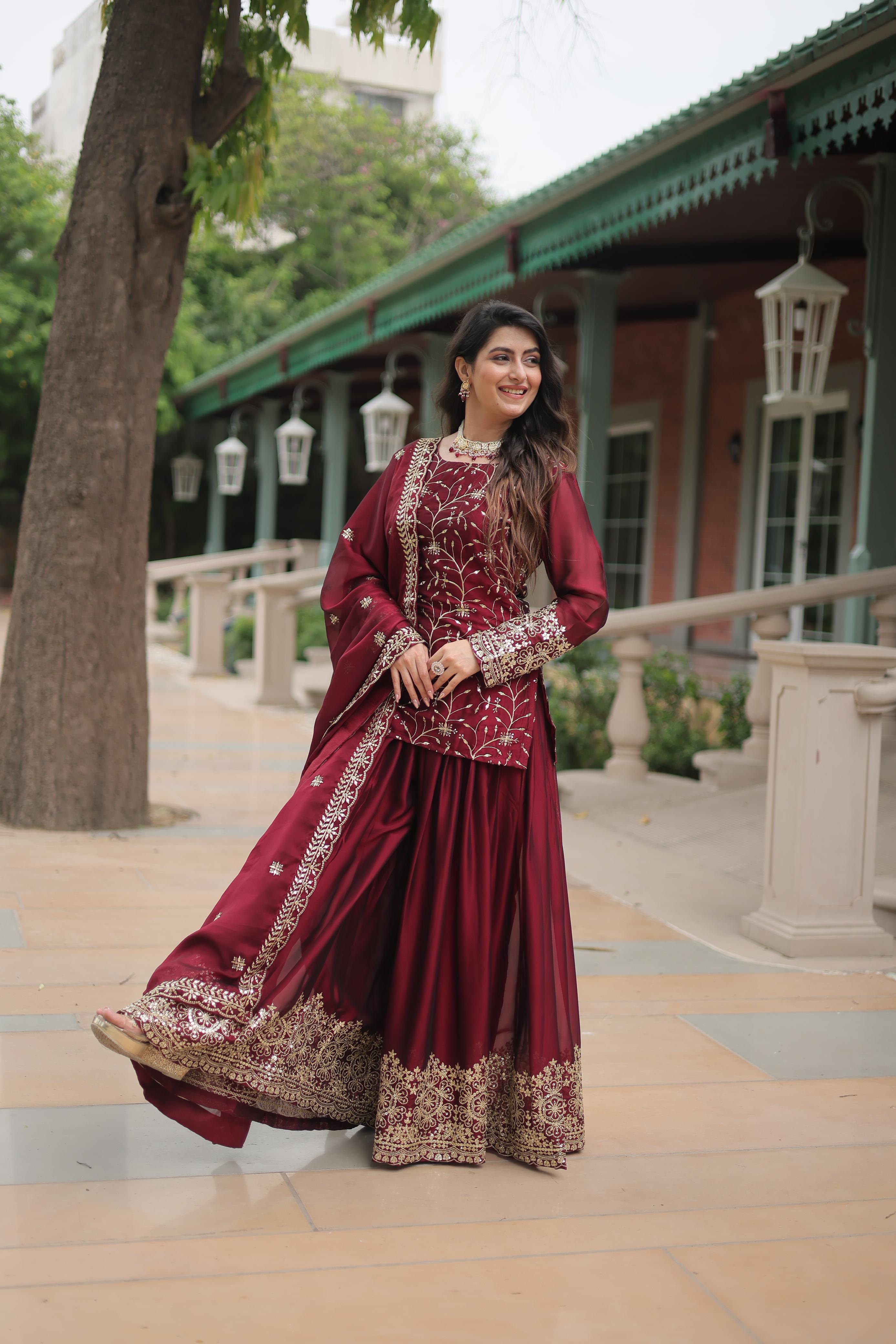Beautiful Maroon Color Rangoli Silk With Heavy Sequins And Thread Embroidered Work Designer Palazzo Suit