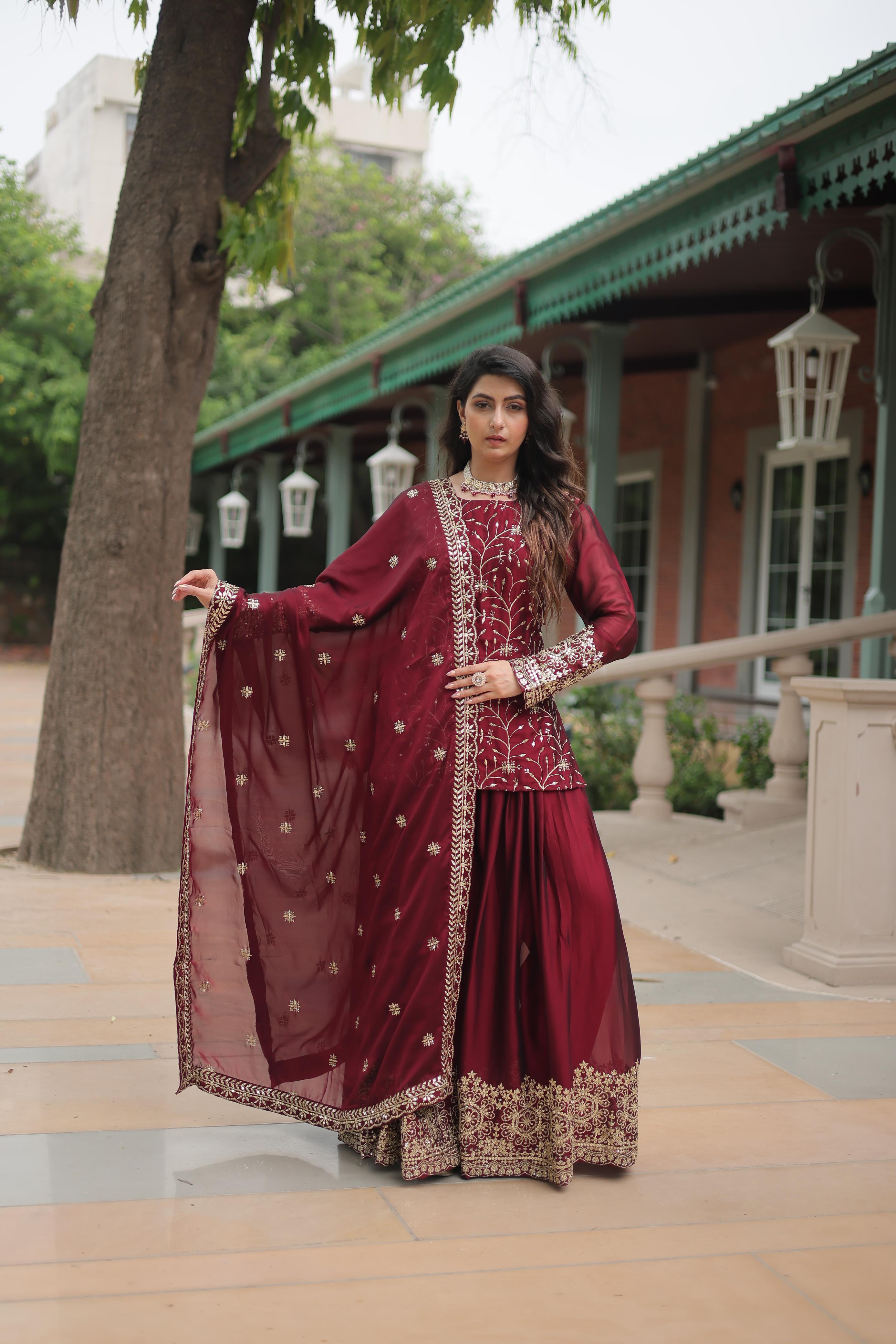 Beautiful Maroon Color Rangoli Silk With Heavy Sequins And Thread Embroidered Work Designer Palazzo Suit