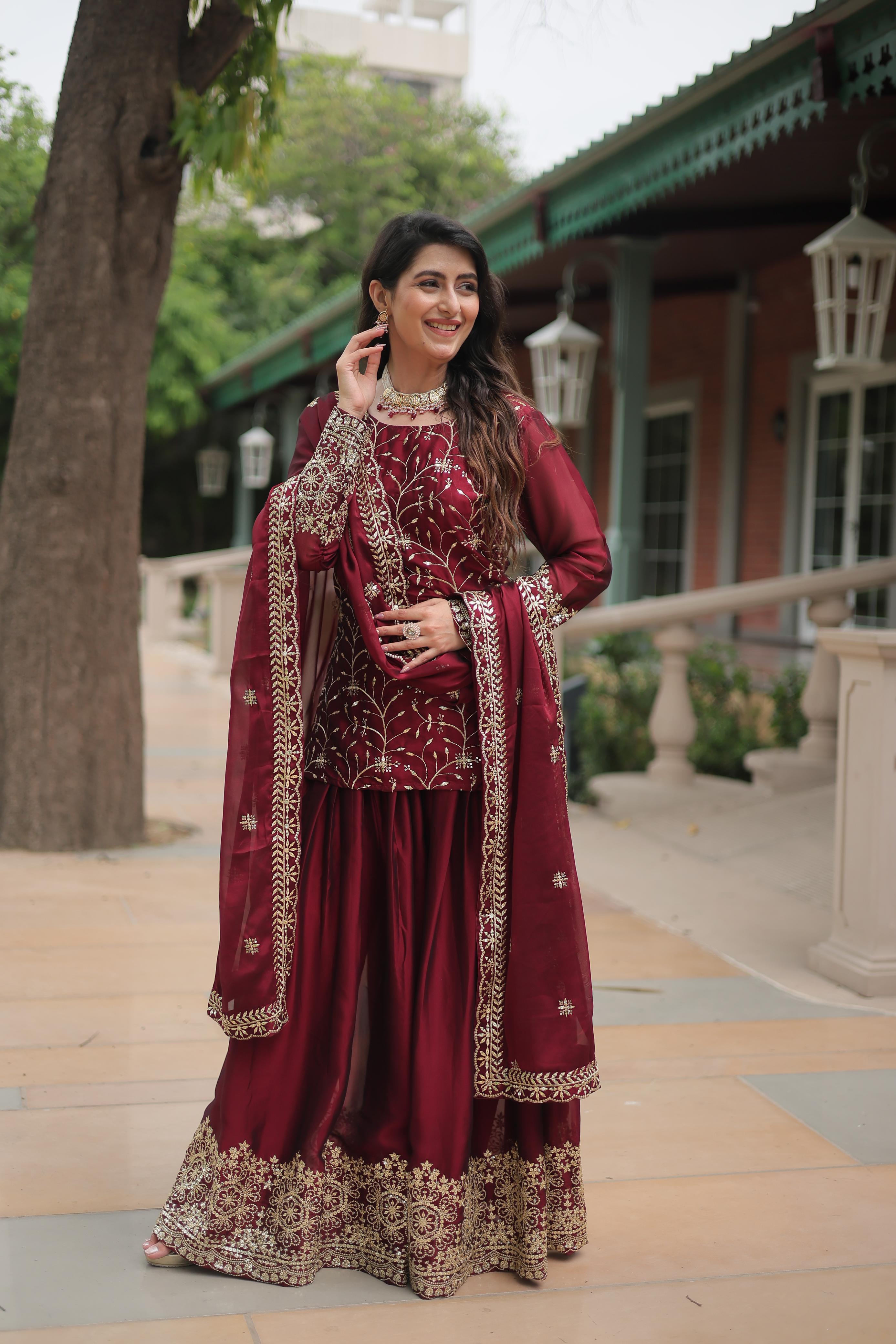 Beautiful Maroon Color Rangoli Silk With Heavy Sequins And Thread Embroidered Work Designer Palazzo Suit