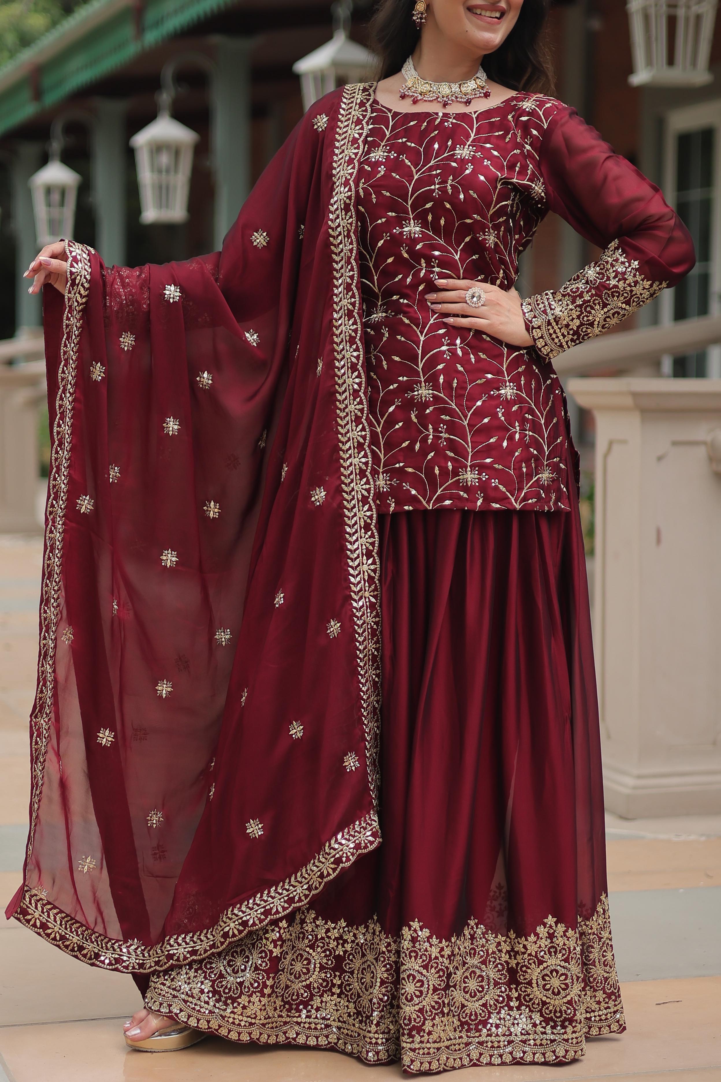 Beautiful Maroon Color Rangoli Silk With Heavy Sequins And Thread Embroidered Work Designer Palazzo Suit