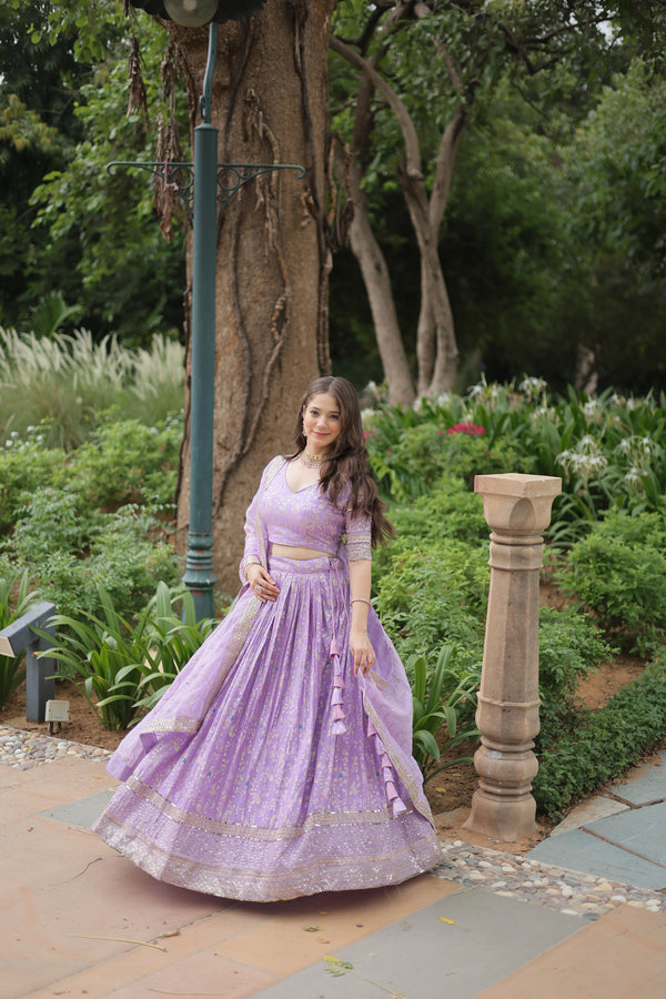 Gorgeous Lavender Color Pure Dyable Viscose Jacquard With Golden Embroidered Sequins Work Lehenga Choli