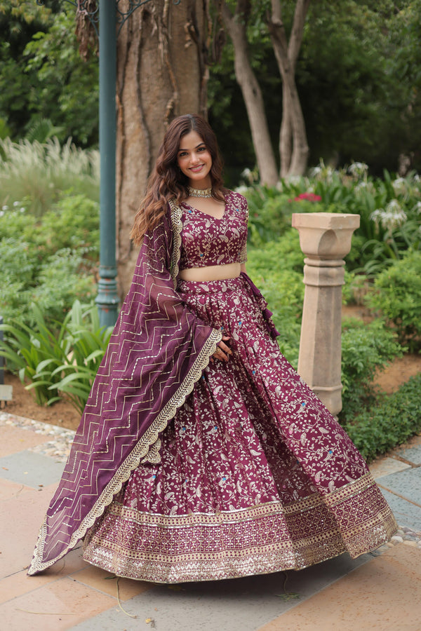 Gorgeous Wine Color Pure Dyable Viscose Jacquard With Golden Embroidered Sequins Work Lehenga Choli