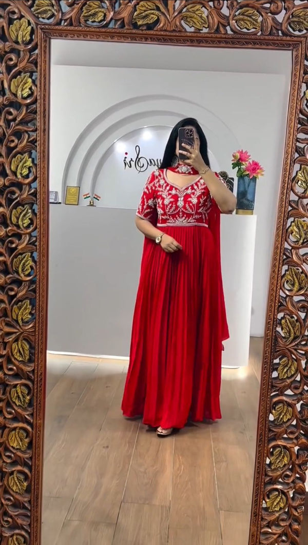 Casual Wear Red Color Faux Georgette Heavy Embroidery Sequence Work Designer Gown