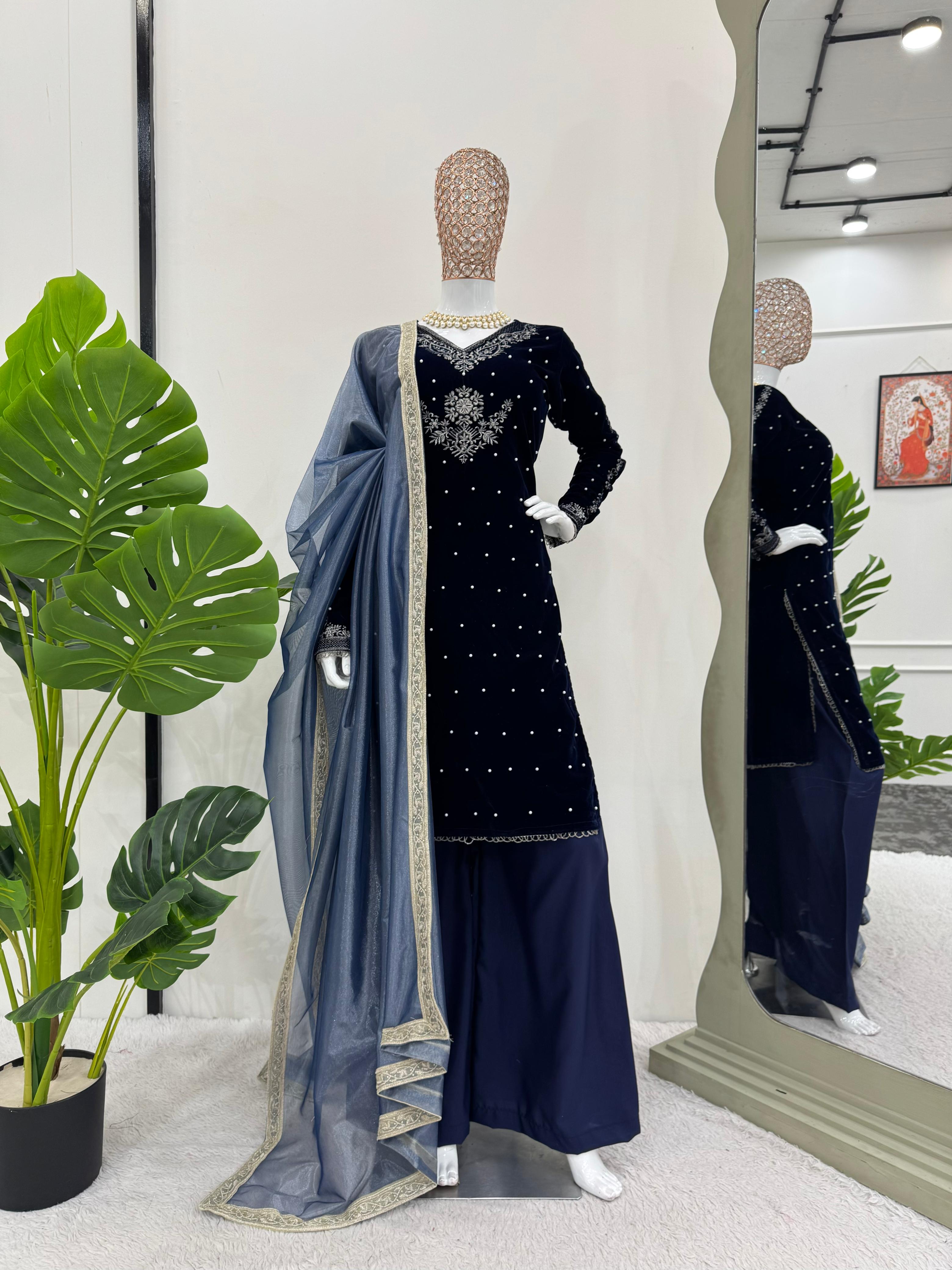 Classic Navy Blue Color Viscos Velvet Thread With Rivet Moti Work Designer Salwar Suit