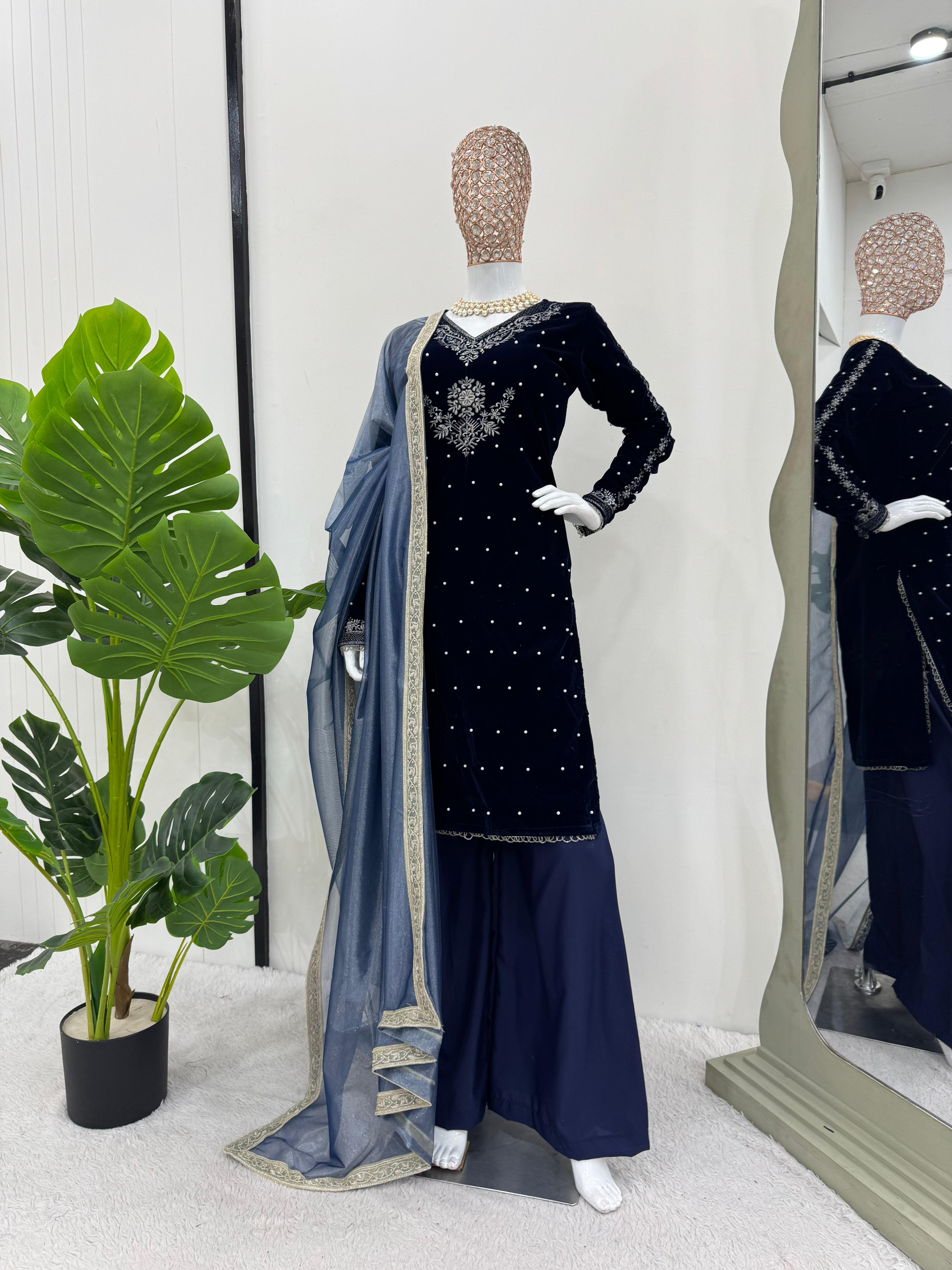 Classic Navy Blue Color Viscos Velvet Thread With Rivet Moti Work Designer Salwar Suit