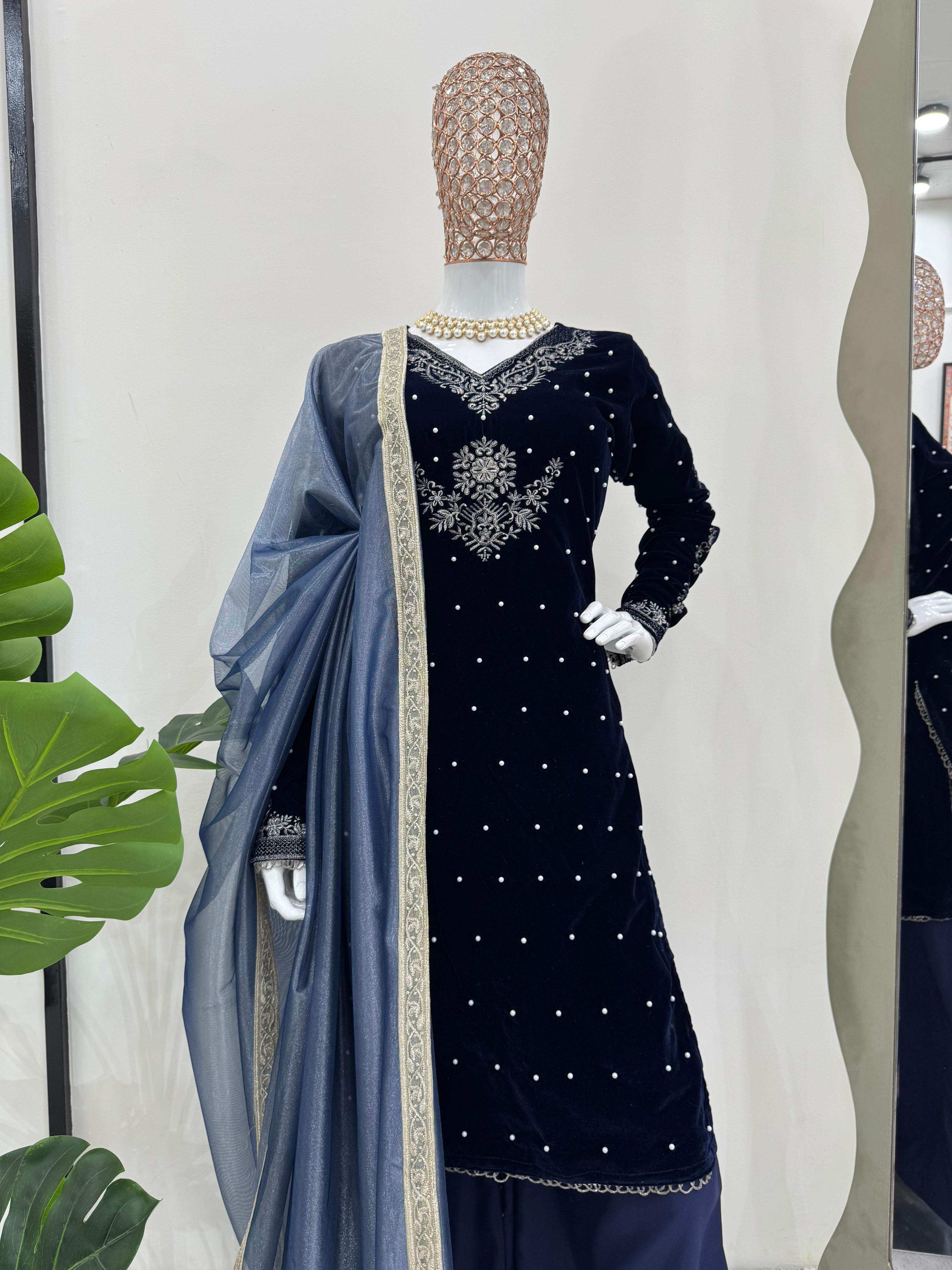 Classic Navy Blue Color Viscos Velvet Thread With Rivet Moti Work Designer Salwar Suit