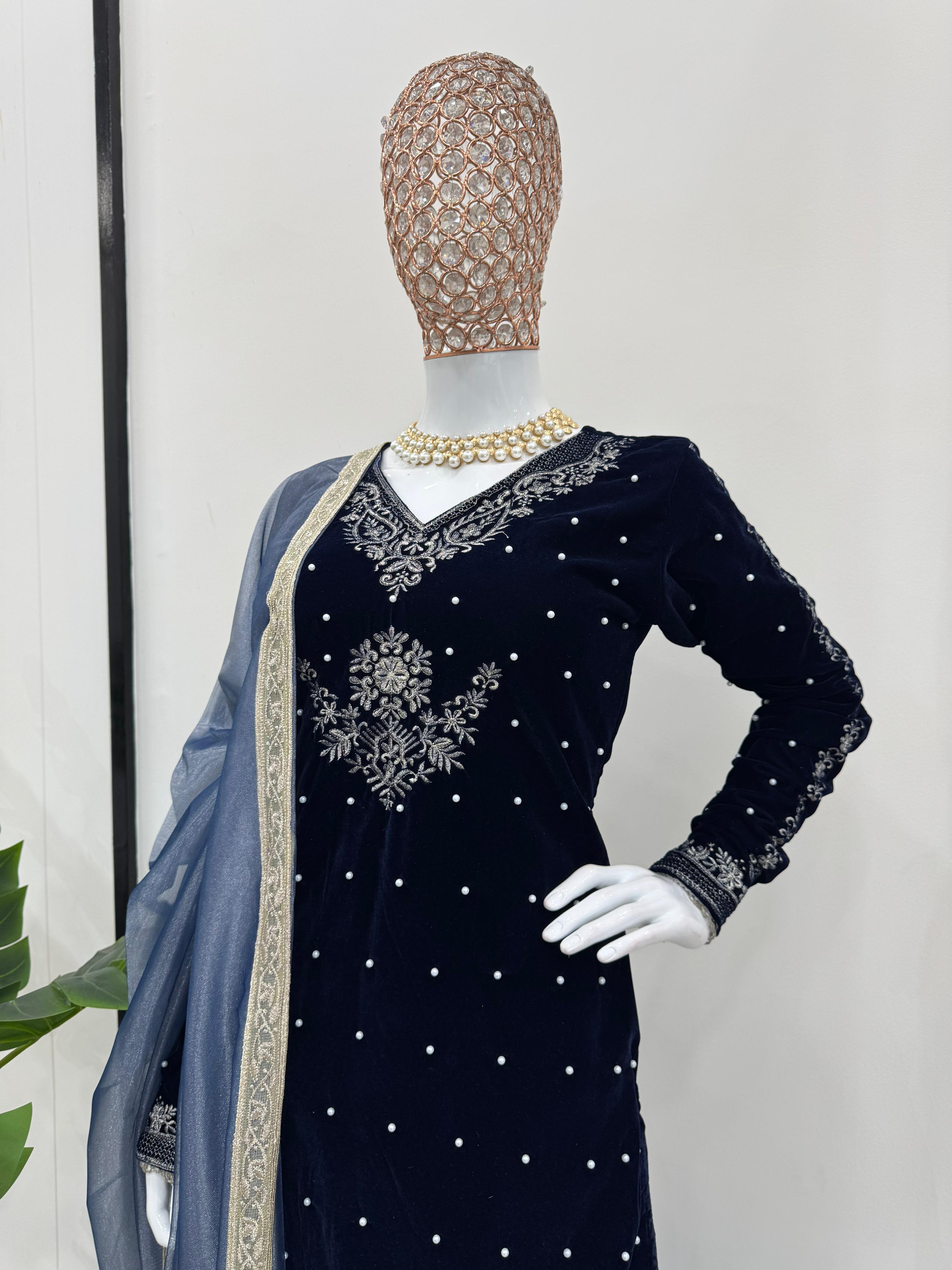 Classic Navy Blue Color Viscos Velvet Thread With Rivet Moti Work Designer Salwar Suit