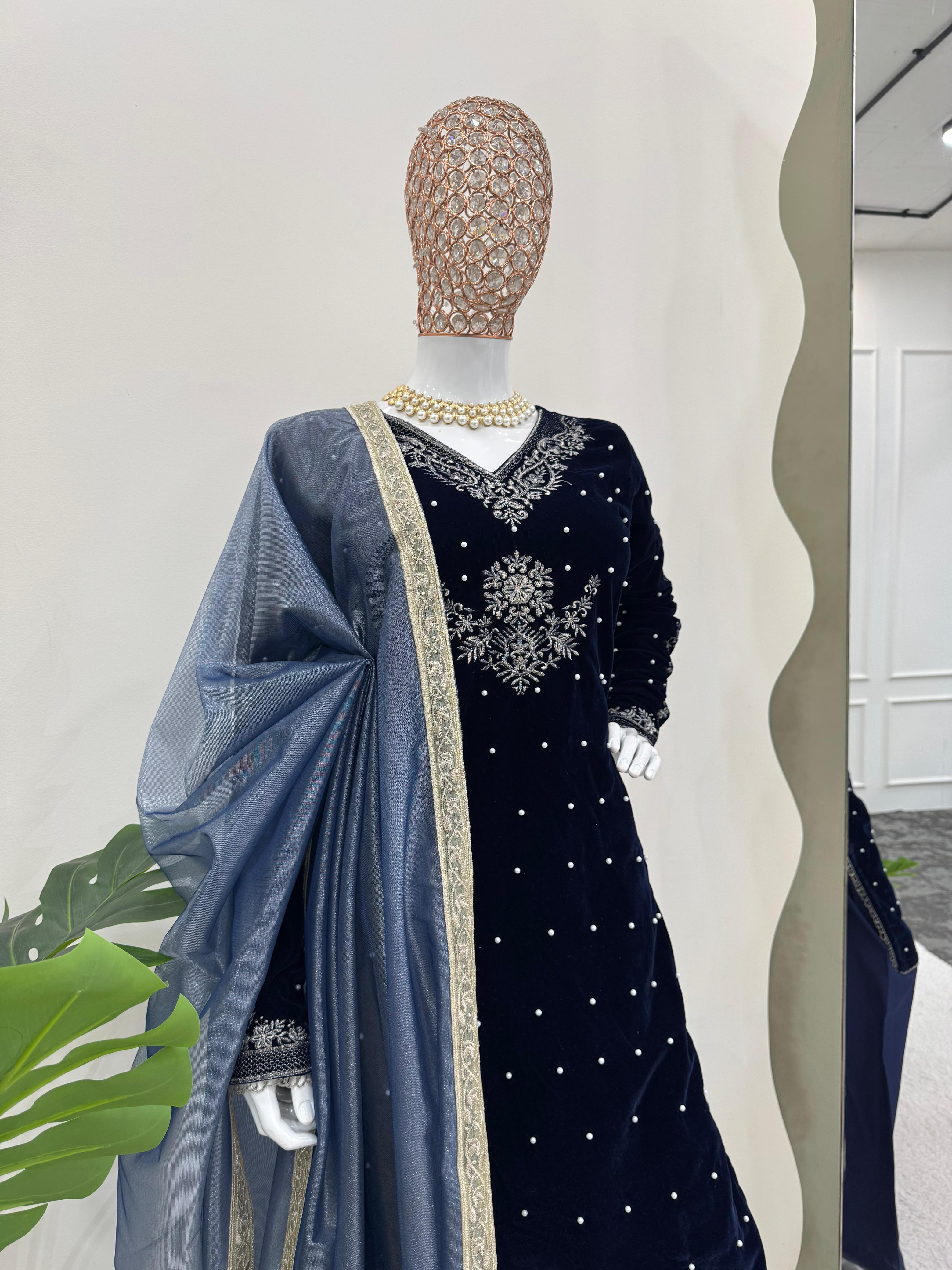 Classic Navy Blue Color Viscos Velvet Thread With Rivet Moti Work Designer Salwar Suit