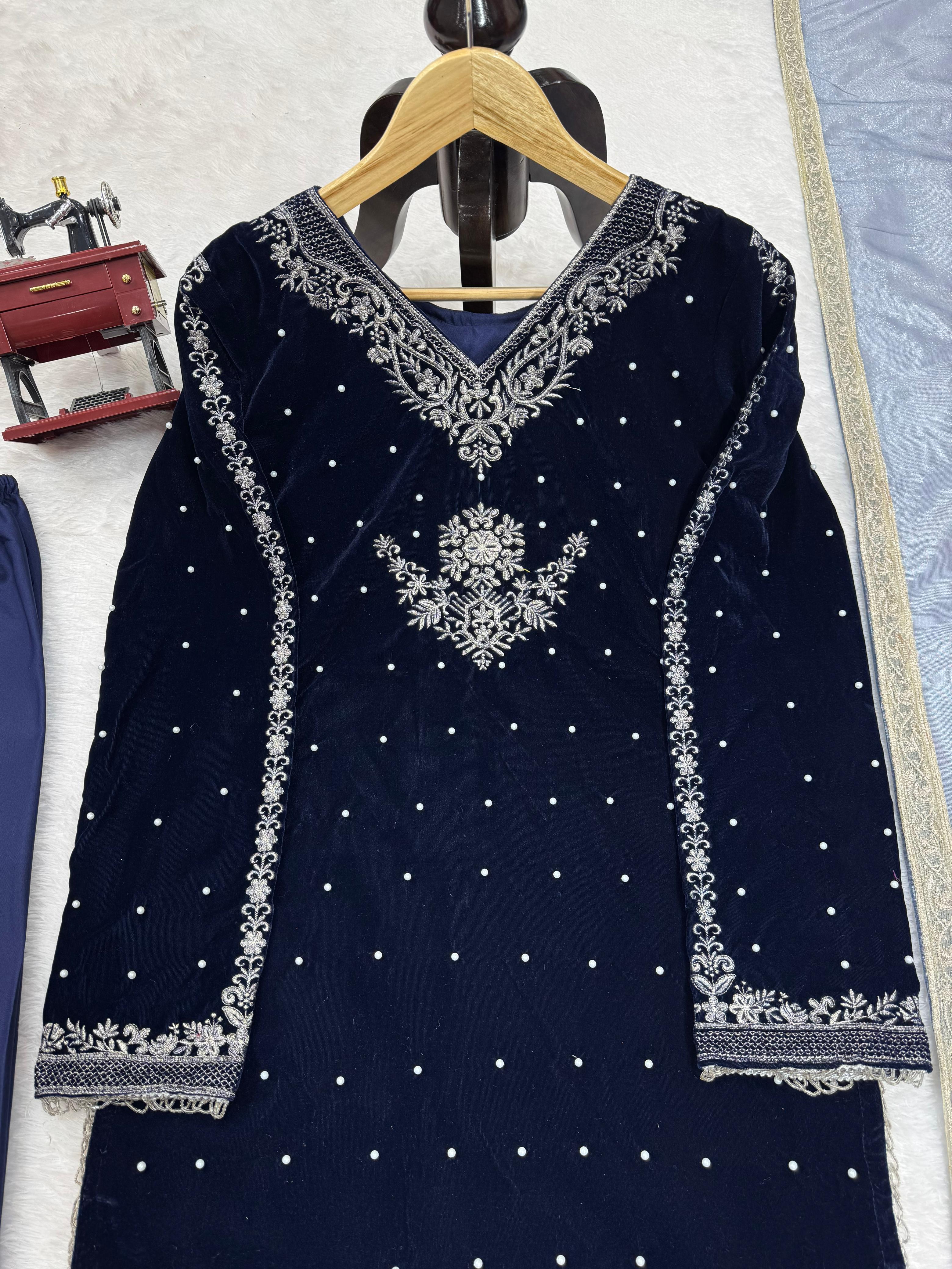 Classic Navy Blue Color Viscos Velvet Thread With Rivet Moti Work Designer Salwar Suit