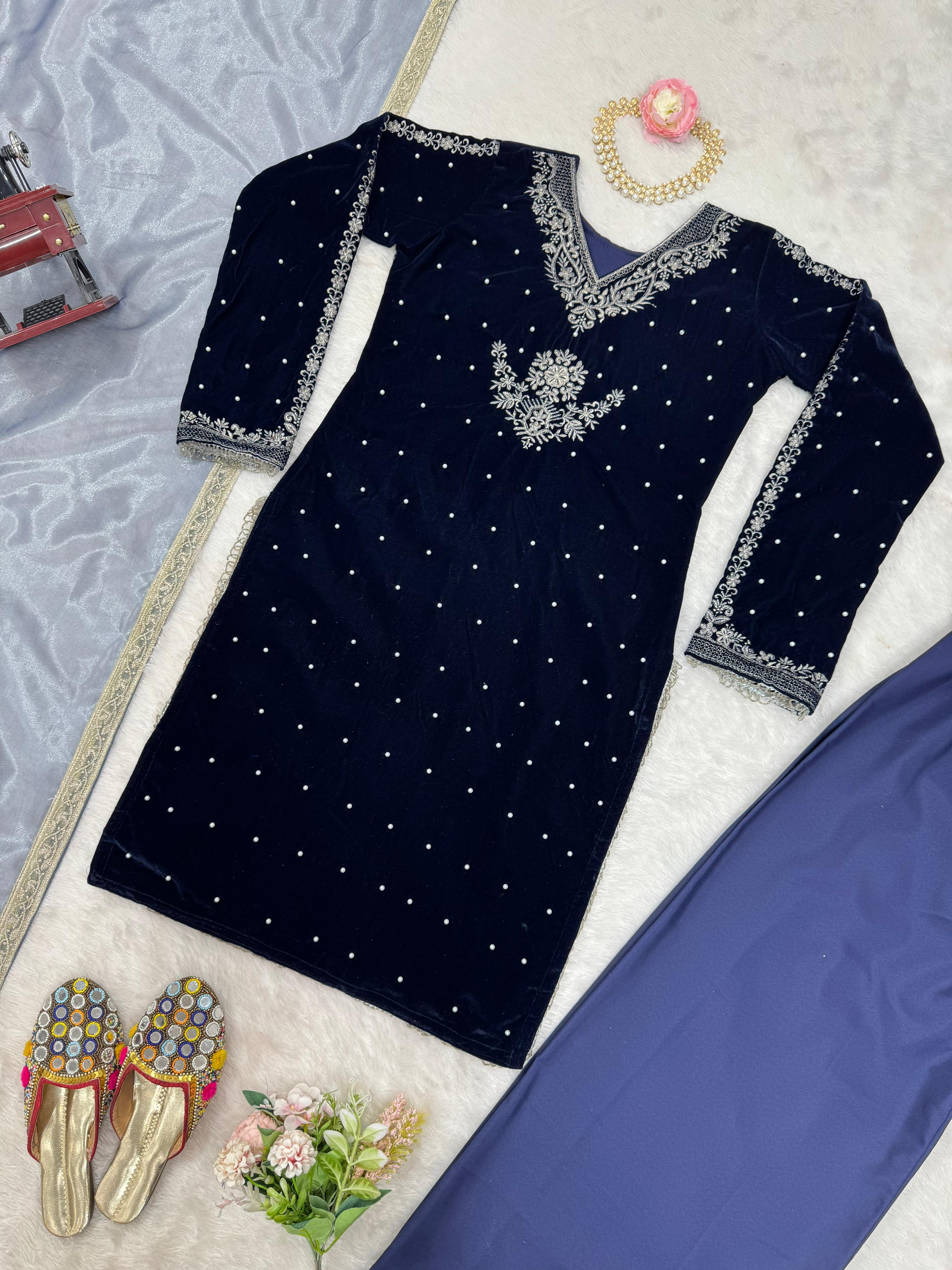 Classic Navy Blue Color Viscos Velvet Thread With Rivet Moti Work Designer Salwar Suit