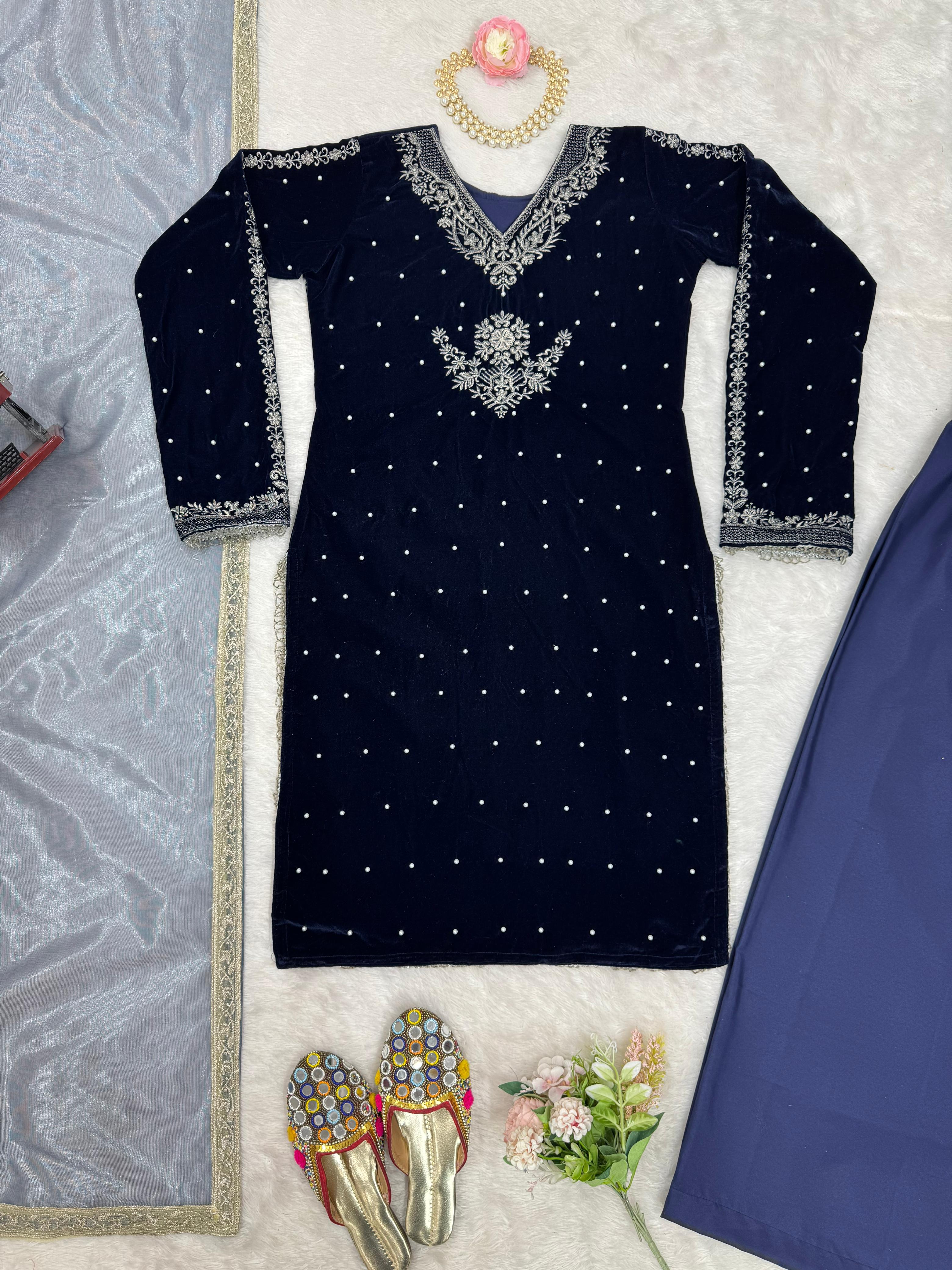 Classic Navy Blue Color Viscos Velvet Thread With Rivet Moti Work Designer Salwar Suit