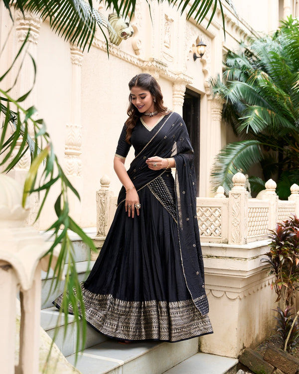 Wedding Wear Black Color Pure Chanderi With Zari Weaving Work Border Designer Lehenga Choli