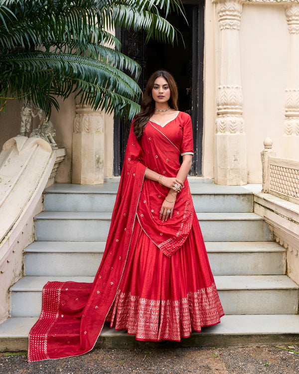 Party Wear Red Color Pure Chanderi With Zari Weaving Work Border Designer Lehenga Choli