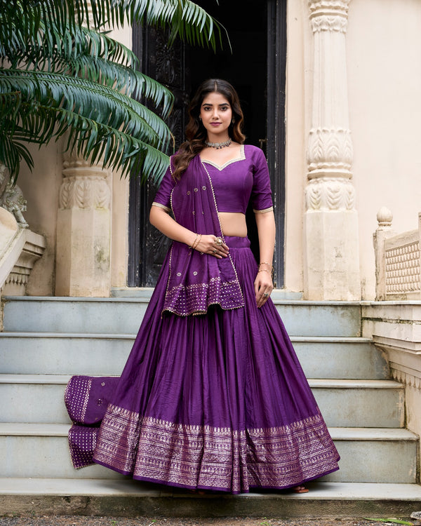 Party Wear Purple Color Pure Chanderi With Zari Weaving Work Border Designer Lehenga Choli