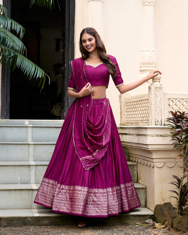 Party Wear Wine Color Pure Chanderi With Zari Weaving Work Border Designer Lehenga Choli