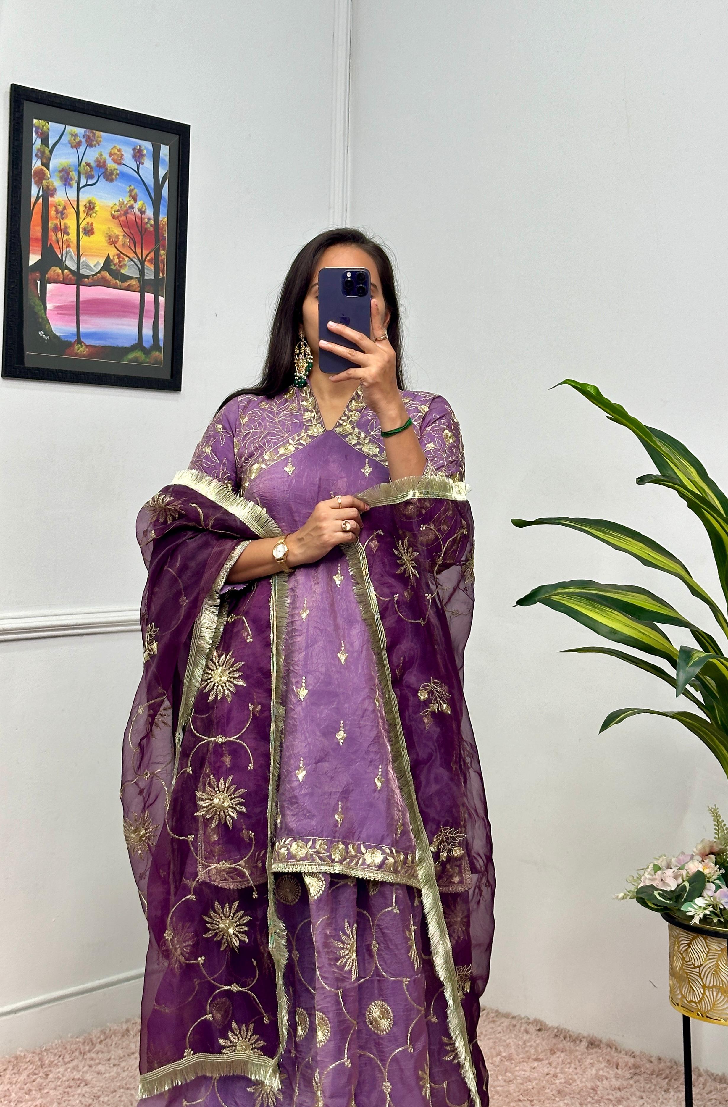 Attractive Lavender Color Rusian Silk Gold Crush With Embroidery Nack And All Over Work Designer Kurta With Lehenga