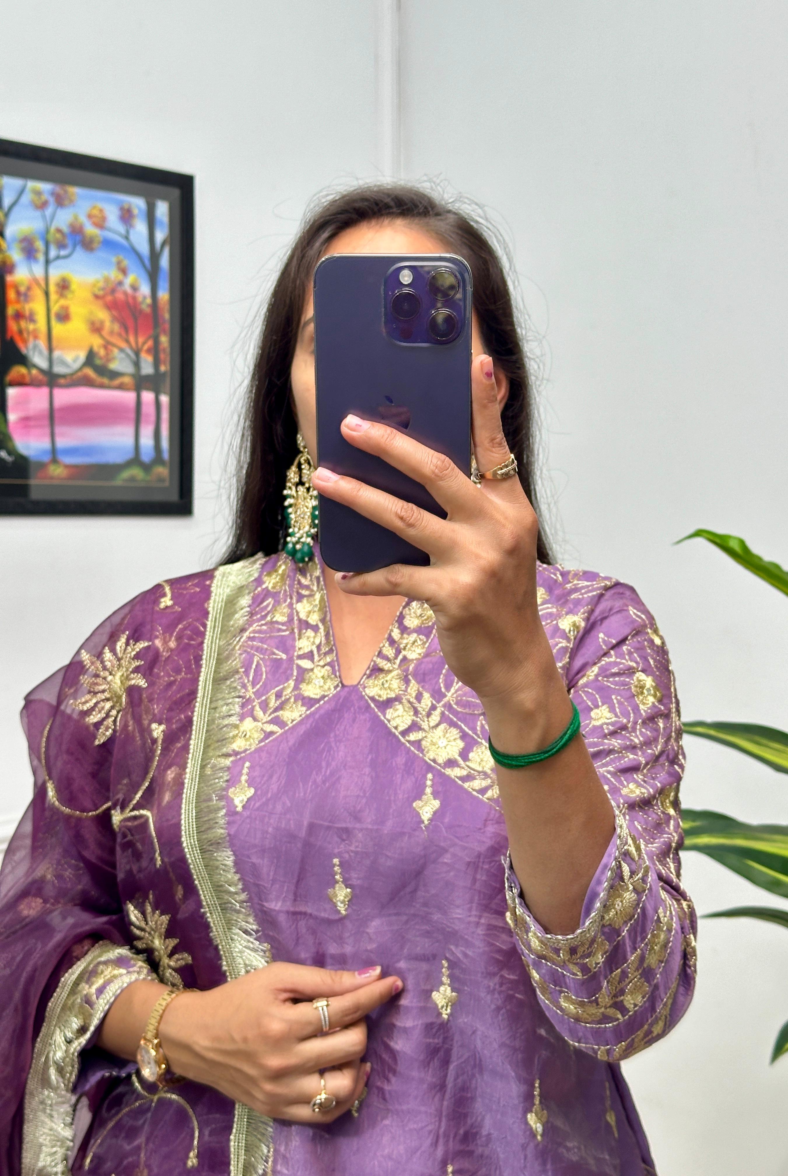 Attractive Lavender Color Rusian Silk Gold Crush With Embroidery Nack And All Over Work Designer Kurta With Lehenga