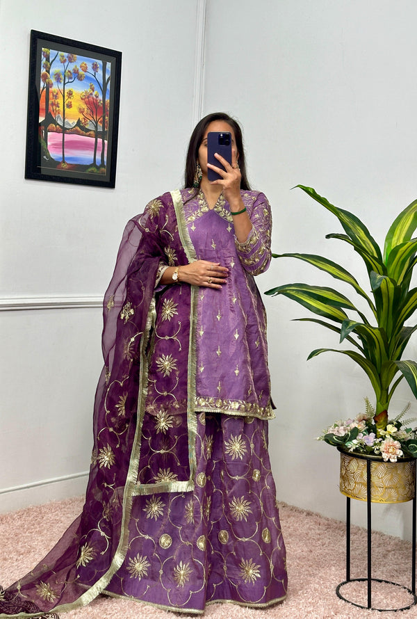 Attractive Lavender Color Rusian Silk Gold Crush With Embroidery Nack And All Over Work Designer Kurta With Lehenga