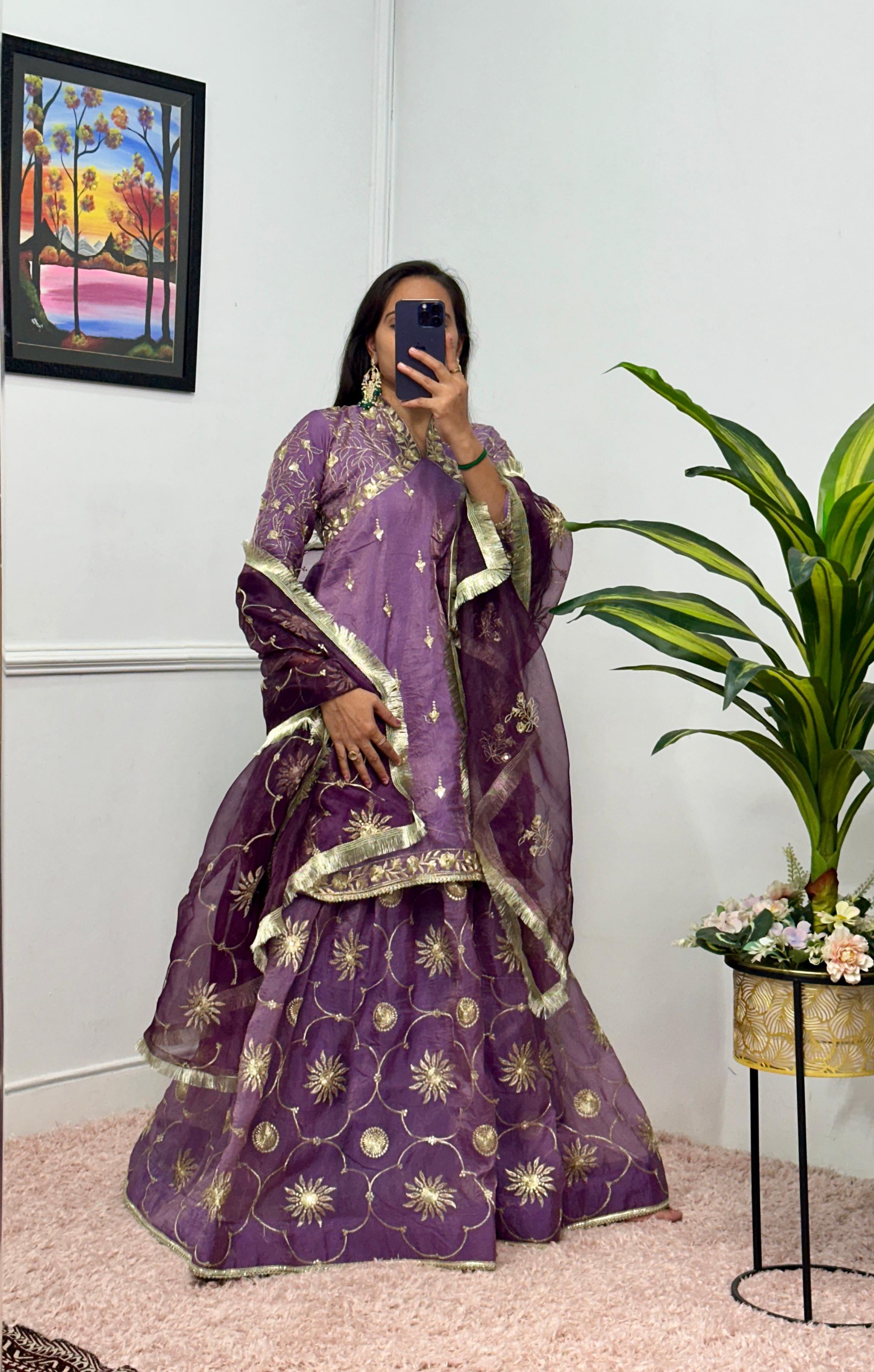 Attractive Lavender Color Rusian Silk Gold Crush With Embroidery Nack And All Over Work Designer Kurta With Lehenga