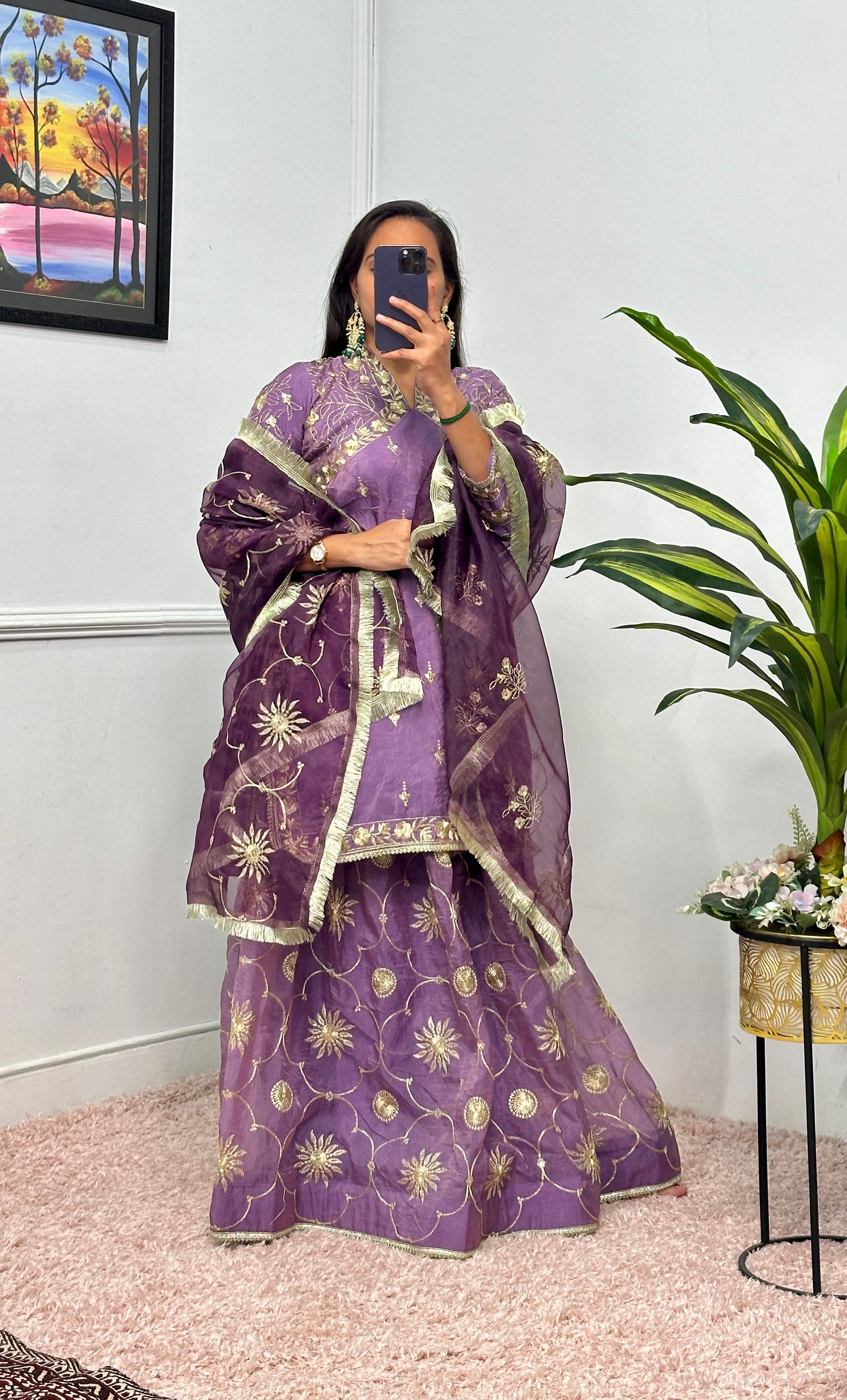 Attractive Lavender Color Rusian Silk Gold Crush With Embroidery Nack And All Over Work Designer Kurta With Lehenga