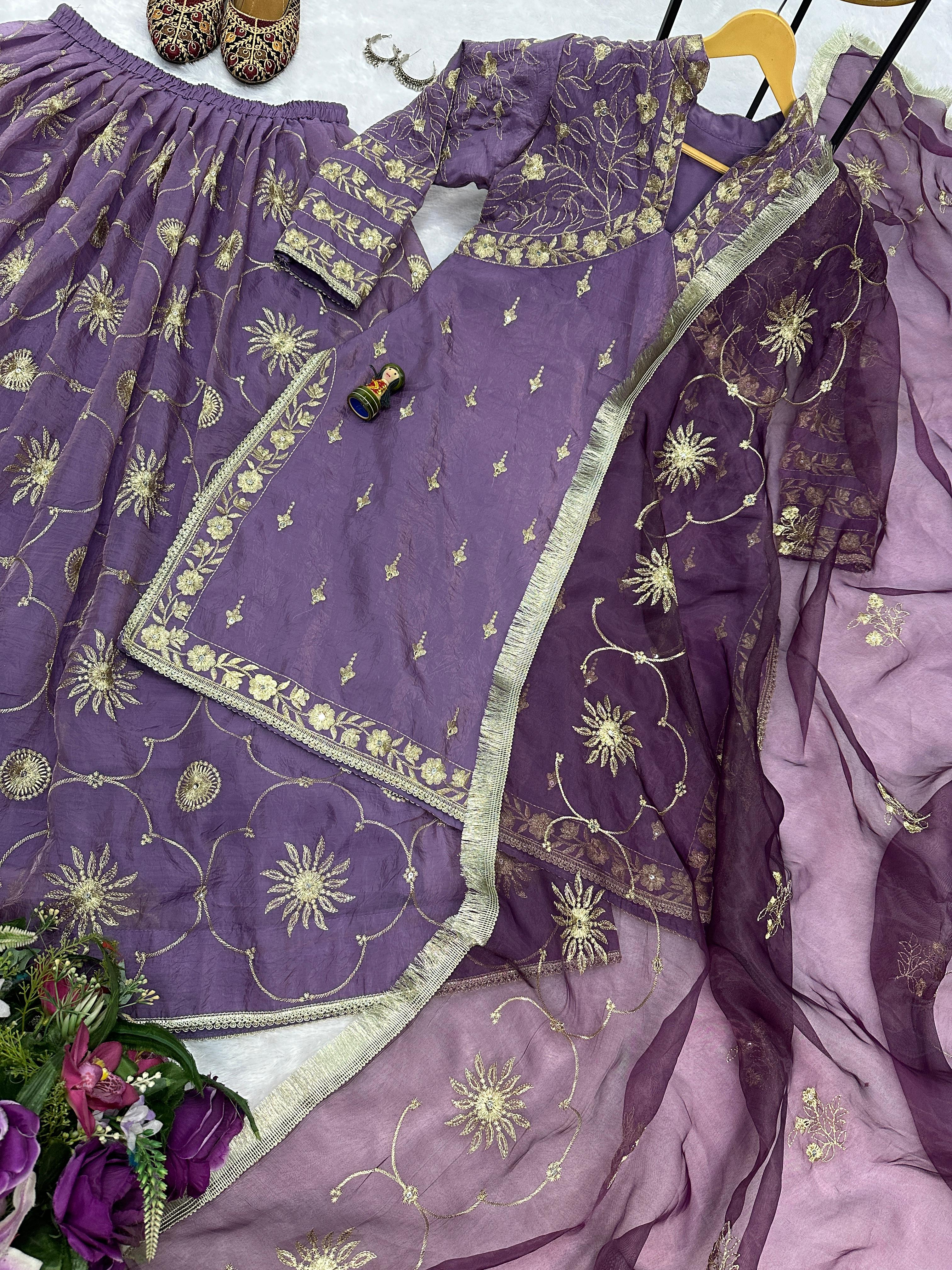 Attractive Lavender Color Rusian Silk Gold Crush With Embroidery Nack And All Over Work Designer Kurta With Lehenga